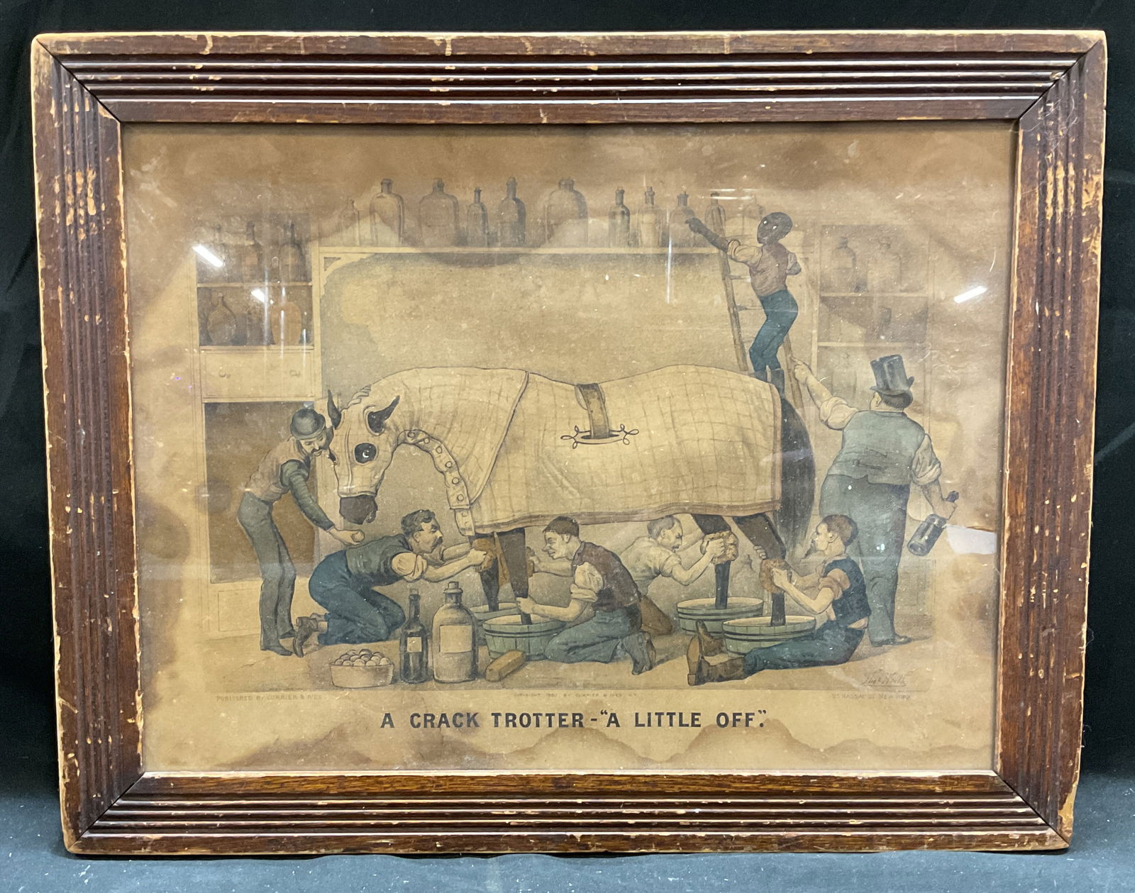 1880 Currier & Ives Thomas Worth Crack Trotter Litho: Framed antique color lithograph on paper. A Crack Trotter, A Little Off. race horse with groomers. Designed by Thomas Worth. Published by Currier & Ives, 1880. Wood frame. Not examined out of frame. F