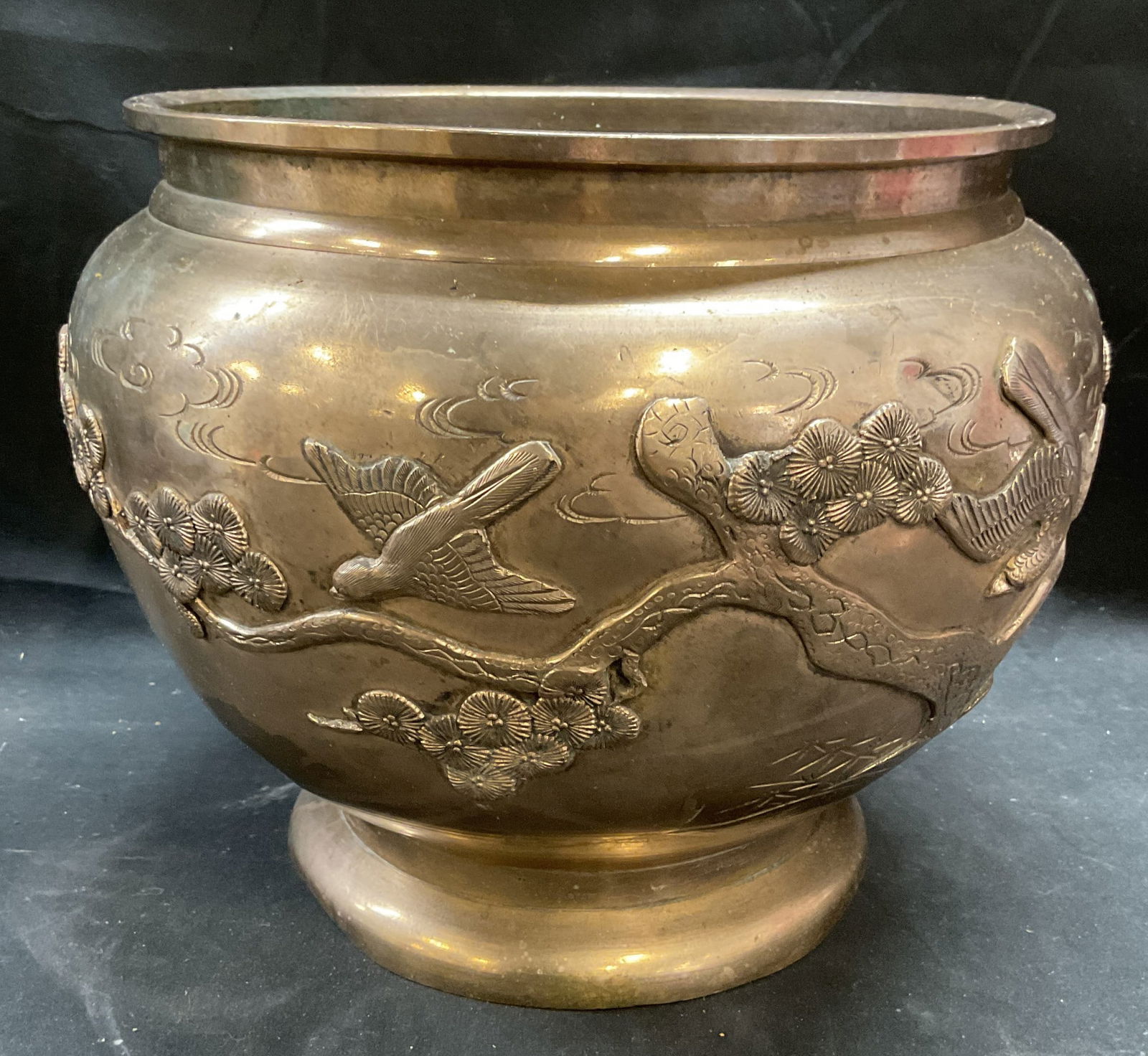 Vintage Asian Brass Floral Bird Relief Jardiniere (1 of 6)