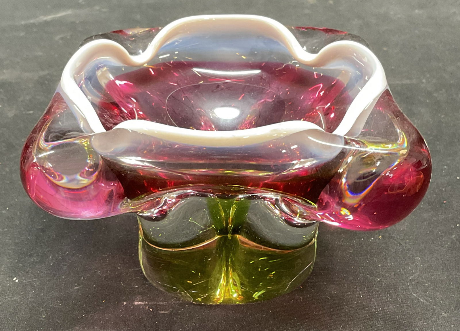 MCM Pink & Green Art Glass Footed Ashtray (1 of 6)