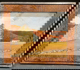 Signed Pastoral Autumn Landscape Oil Painting: Framed oil on board painting. Signed lower right, partially legible, possibly Mynoo. Pastoral autumn landscape with view of houses and trees. Burl veneer and silver leafed wood frame. Frame measures a