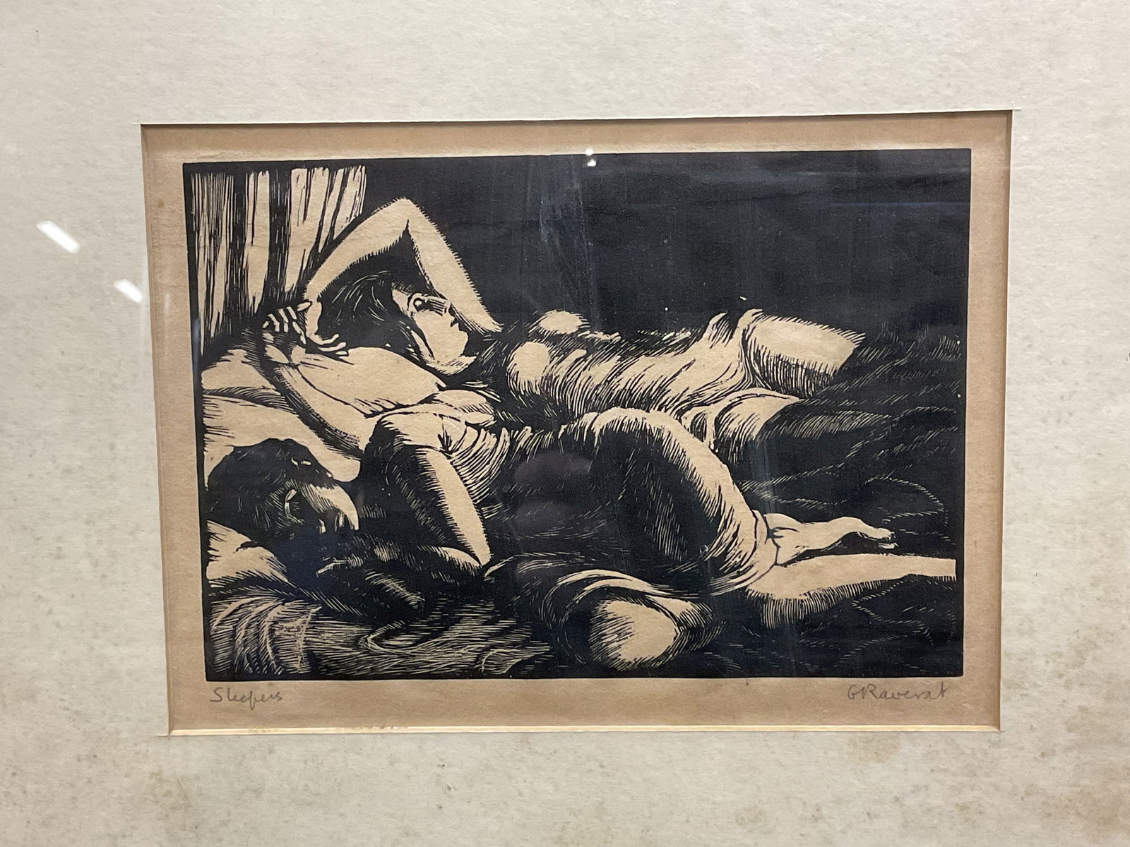 Signed Gwen Raverat Sleepers Engraving: Framed and matted engraving on paper. Signed lower right, G Raverat. Gwendolen Mary Raverat (English, 1885-1957) was a wood engraver who was a founder member of the Society of Wood Engravers. Sleepers