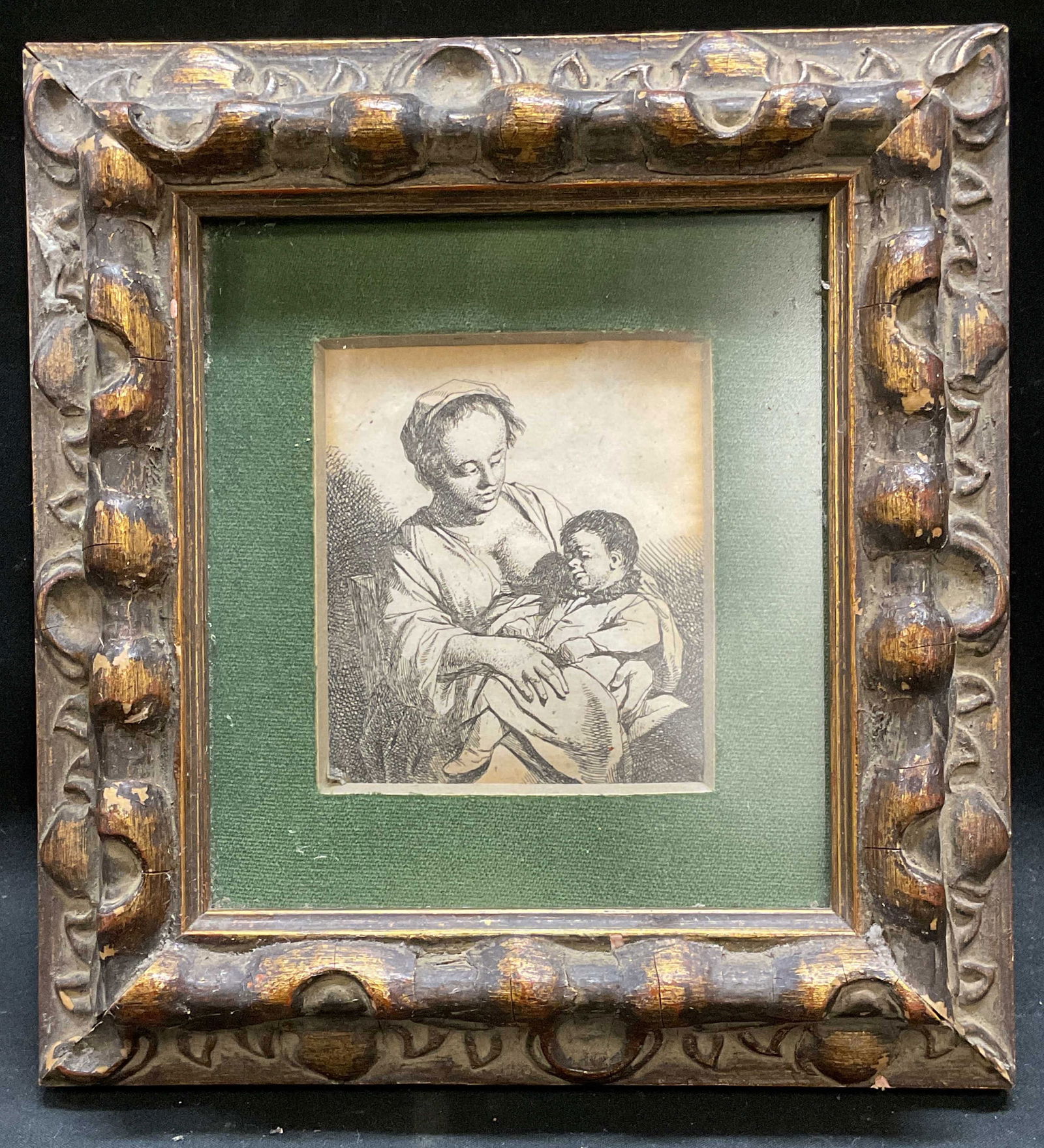 Antique After Cornelis Bega Mother & Child Etching: Antique framed and matted etching on paper. After Cornelis Pietersz Bega (Dutch, 1632-1664). Mother and Child. Cornelis Pietersz Bega, or Cornelis Pietersz Begijn was a Dutch Golden Age painter and en