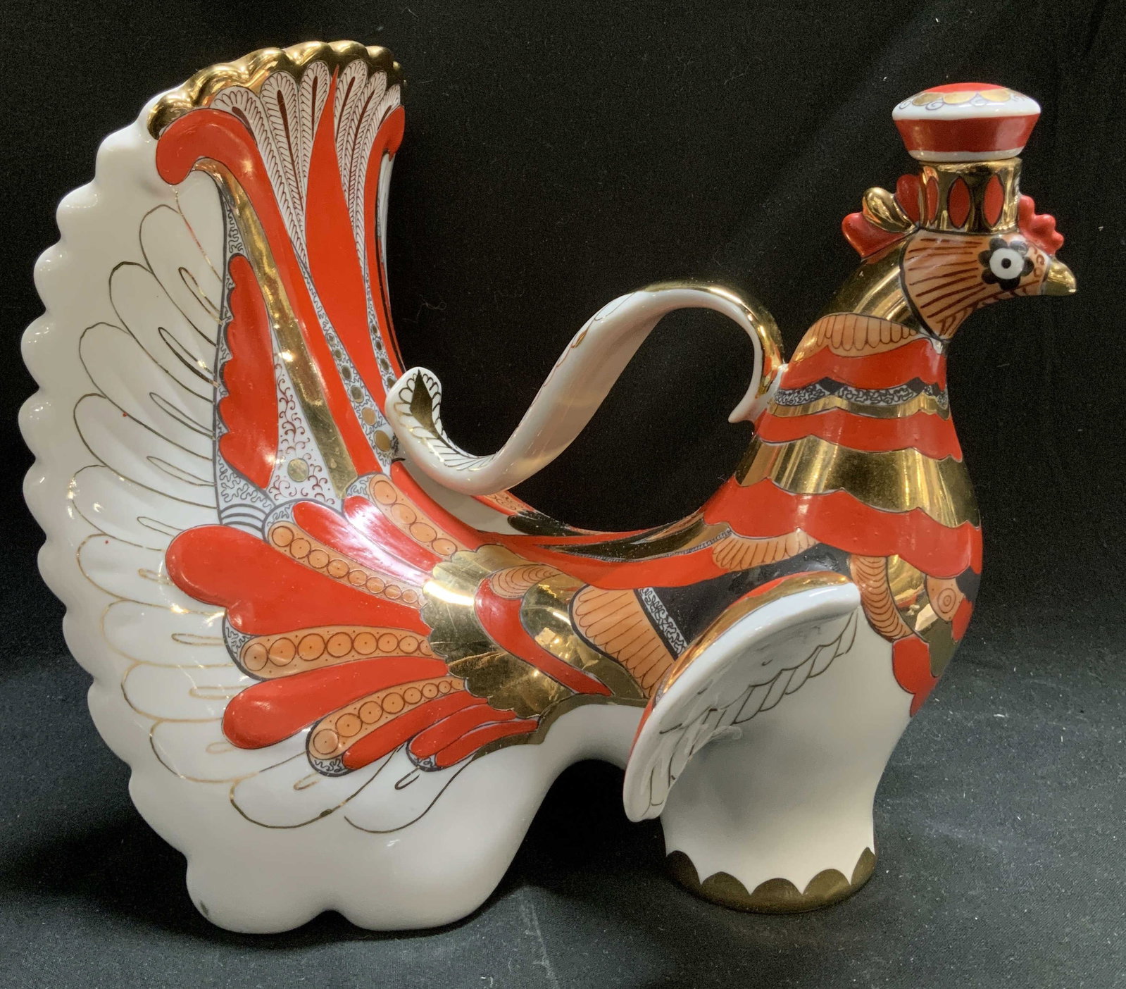 Lomonosov Porc Red Firebird Decanter Russia: Decanter is porcelain material & features hand-painted gilt details. The red firebird head acts as a stopper for the decanter. Surface wear consistent to age, use & exposure. Signed & marked on unders