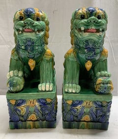 Vntg Pair Sgnd Chinese Ceramic Foo Dog Statues