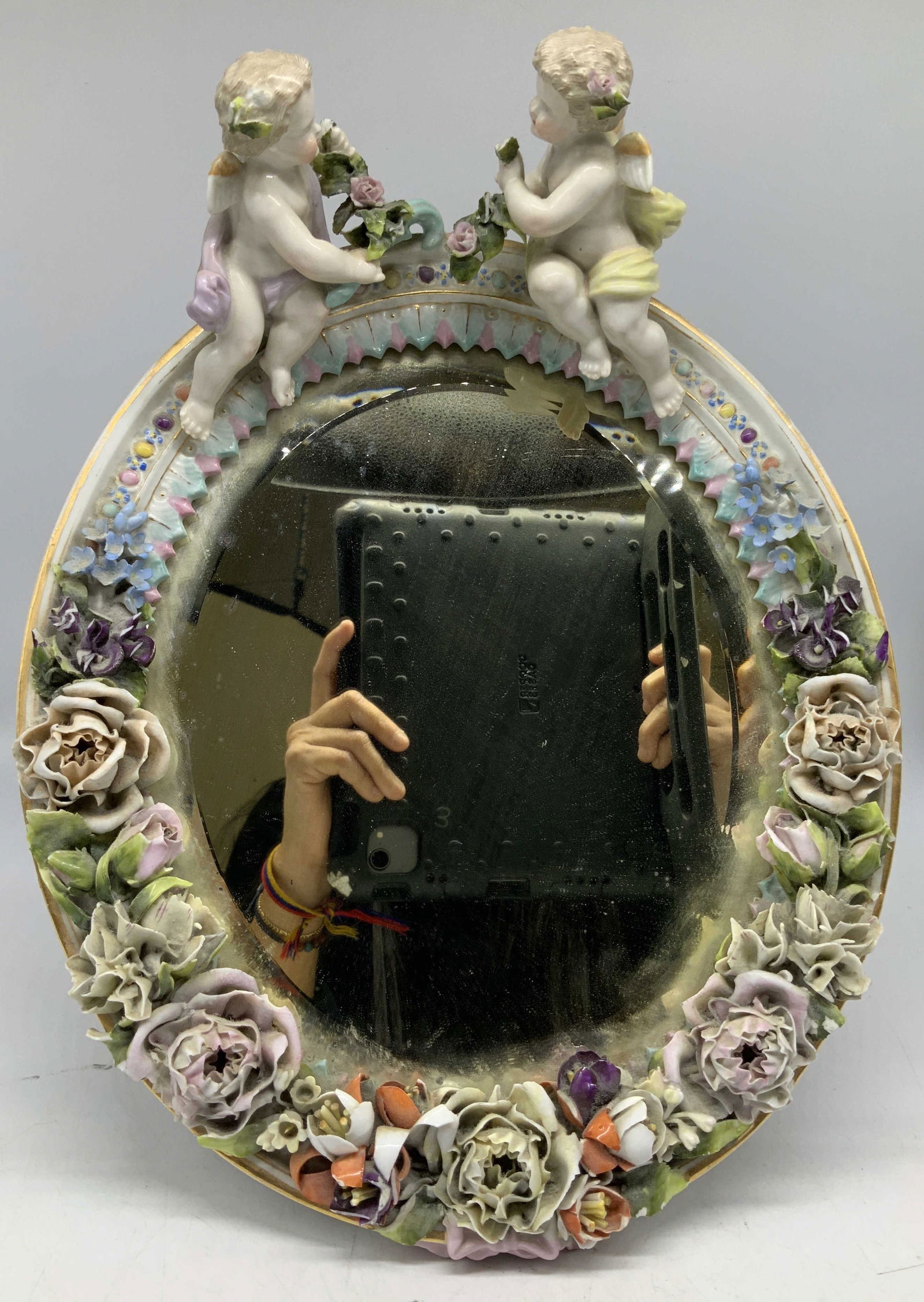 Vntg Meissen Porc Cherub Mirror W Floral Motifs (1 of 6)