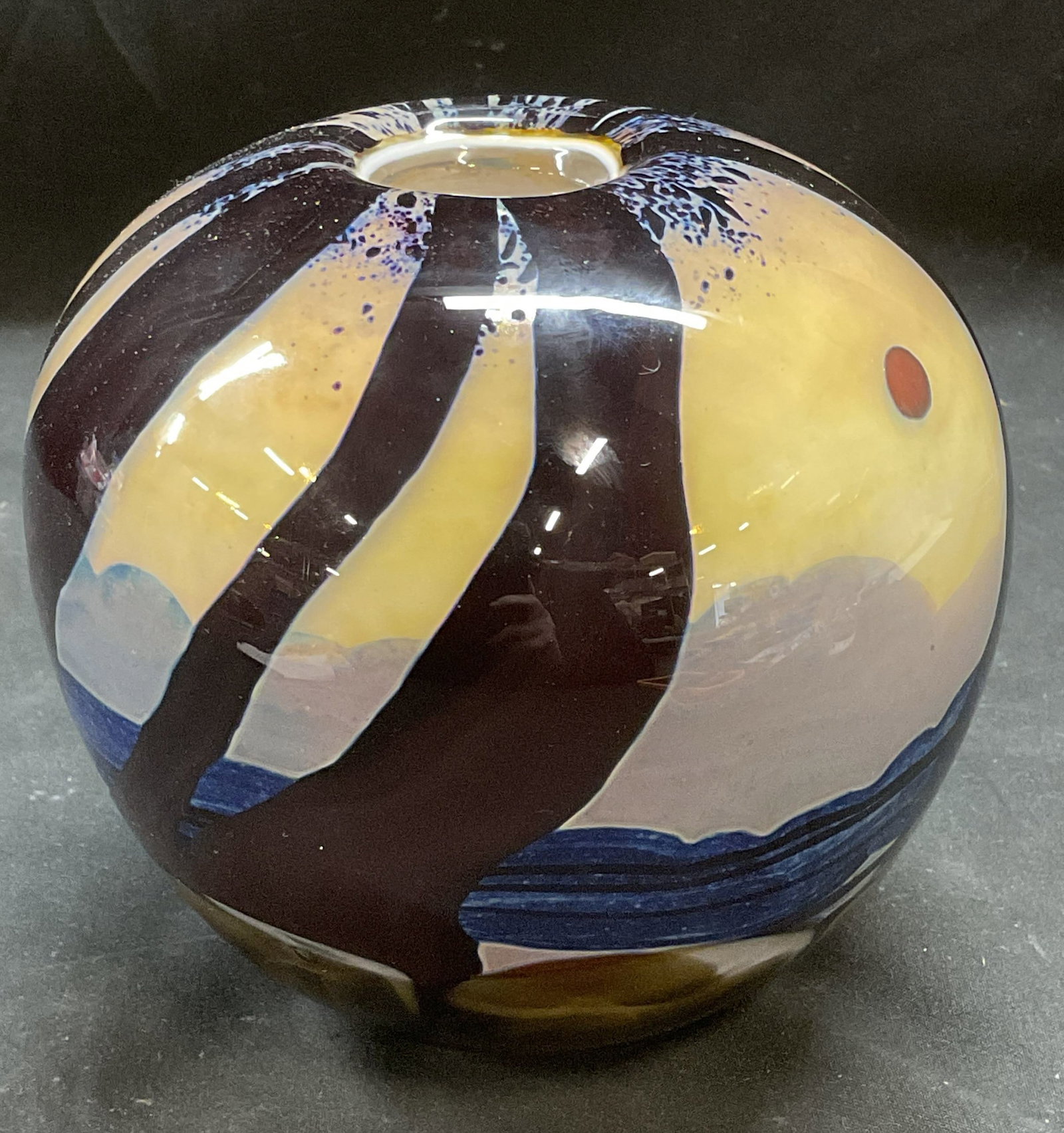 Vintage Signed Rich Miller Art Glass Vase: Vintage signed Rich Miller art glass vase. Includes certificate of authenticity. Signed on underside, dated 1980. Abstract landscape design. Hand blown cased glass. Measures approx 5 x 5 inches. Some 