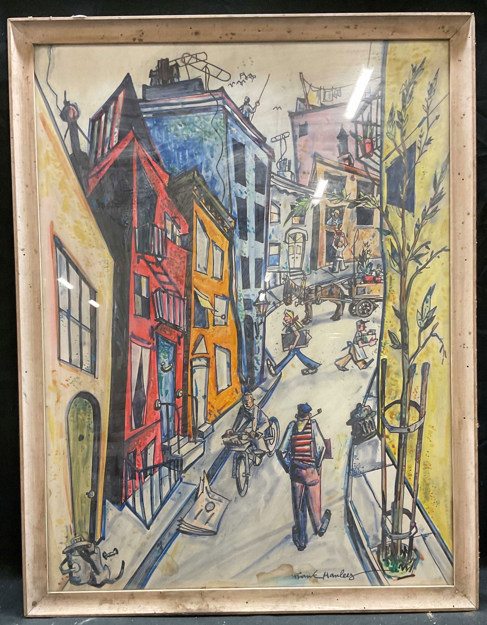 Signed Frank Hanley NYC Street Scene Illustration: Framed illustration on paper. Signed lower right, Frank Hanley. Spring In The Village. New York City street scene with figures and buildings. White wood frame. Not examined out of frame. Frame measure