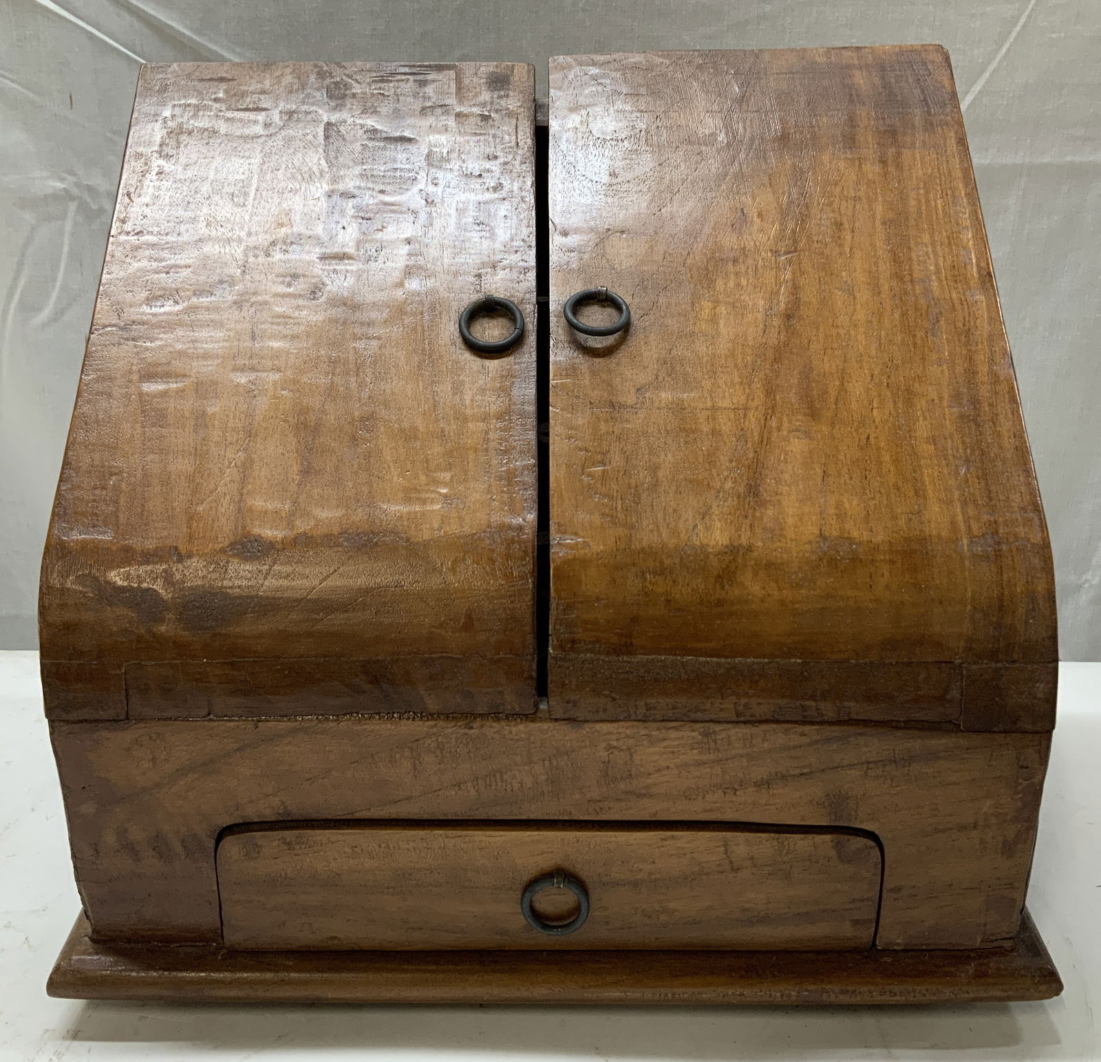 Vntg Handcrafted Wooden Stationary Box: Vintage handcrafted wooden stationary box featuring a slanted lid. Interior of box has tiered sections with scalloped dividers. Lower pull out drawer for additional storage. Surface wear consistent to