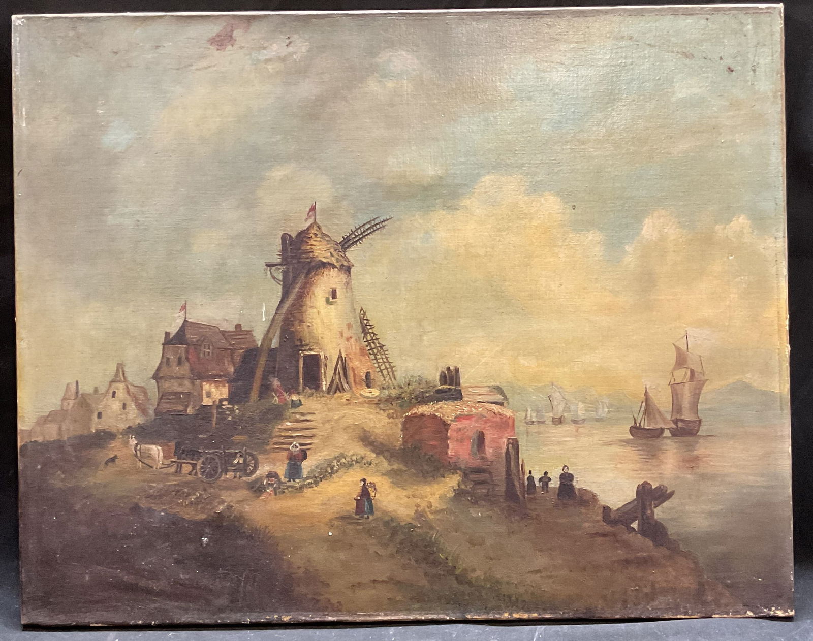 Antique Dutch Scene Windmill Oil Painting (1 of 6)