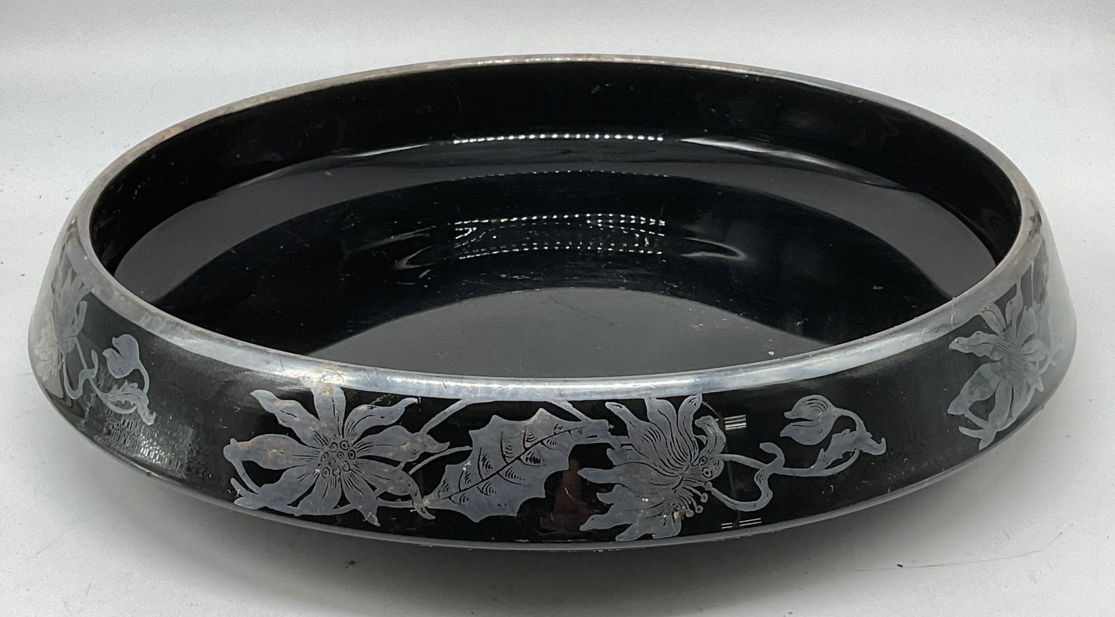 Vtg Black Glass Sterling Silver Overlay Bowl (1 of 6)
