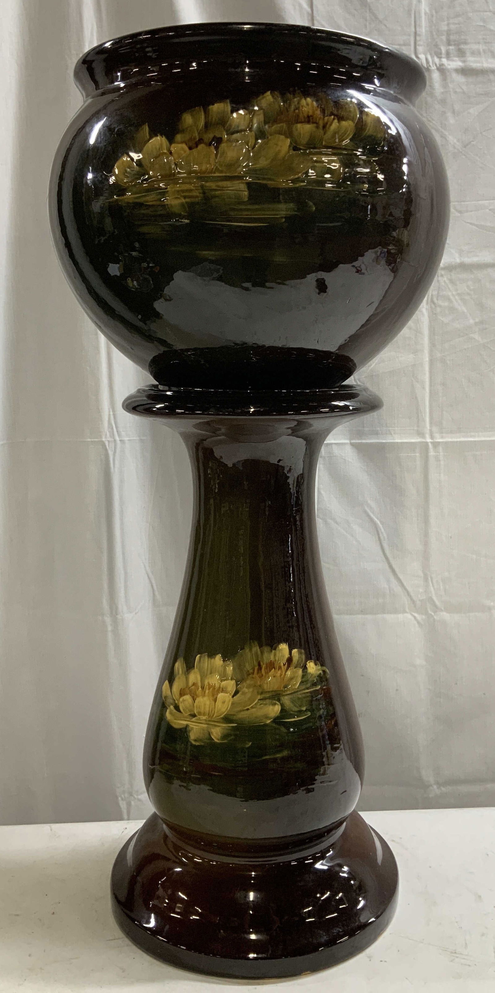 Vntg Brown Pedestal Planter W Floral Motifs 30in (1 of 9)