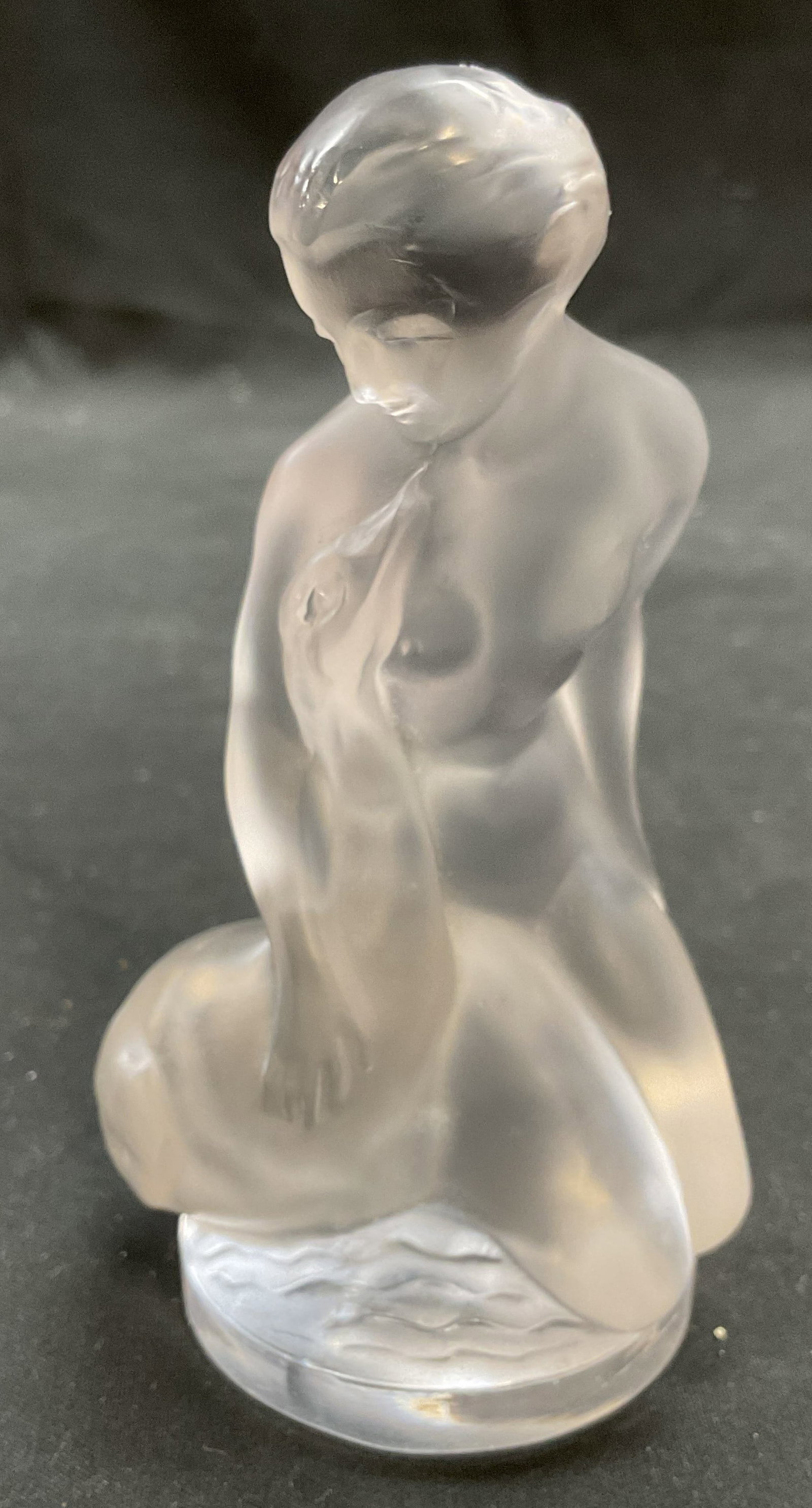 Lalique Crystal Leda & The Swan Figurine, France: Lalique crystal figurine. Leda and the Swan. Signed. Made in France. Frosted Crystal. Piece has weight. Measures approx 2.25 x 2.5 x 4.5 inches. Minimal surface wear. Lalique, Lalique figurine, Leda a