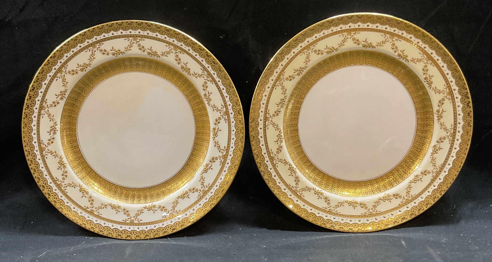 Pair Antq MINTONS COLLAMORE Gilt Porcelain Plates (1 of 8)
