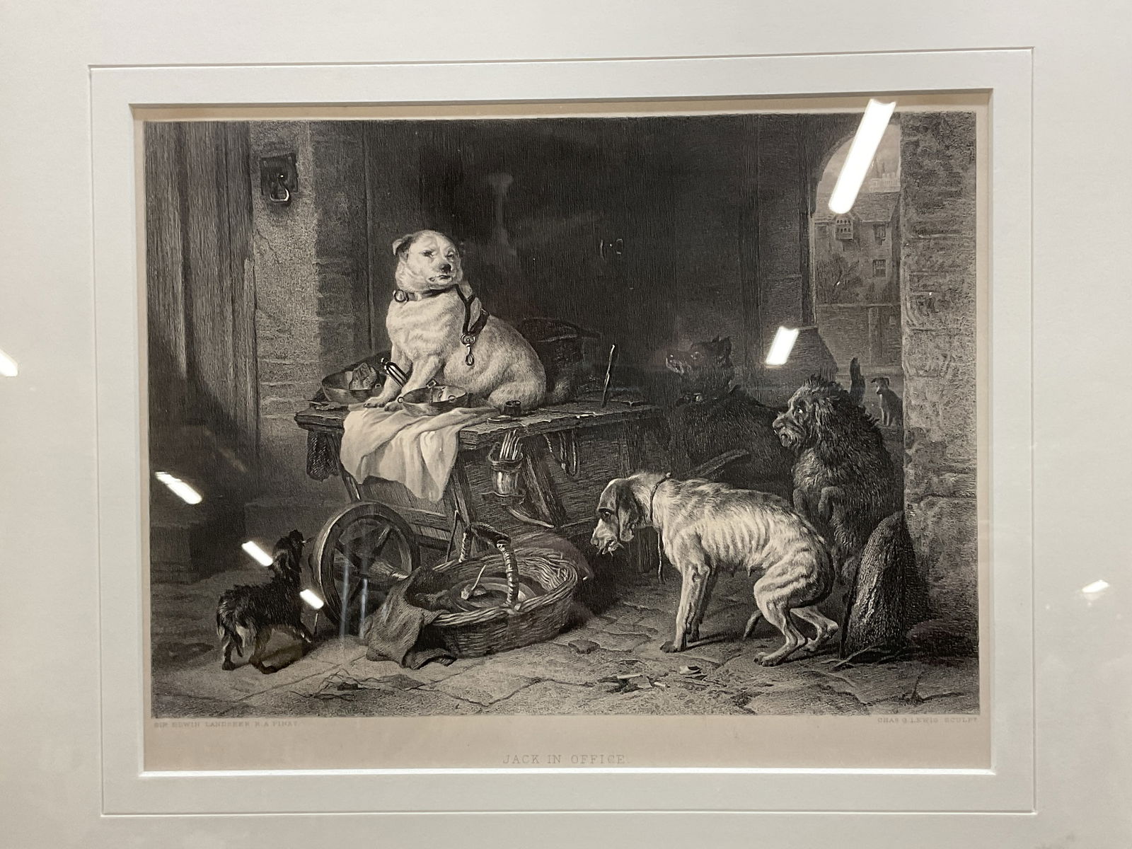 Antq Framed Landseer Jack In Office Dog Engraving: Framed and matted antique engraving on paper, published 1878. Drawn by Edwin Landseer, R. A. (English, 1802-1873) and engraved by Charles George Lewis (British, 1808-1880). Jack In Office. Interior sc