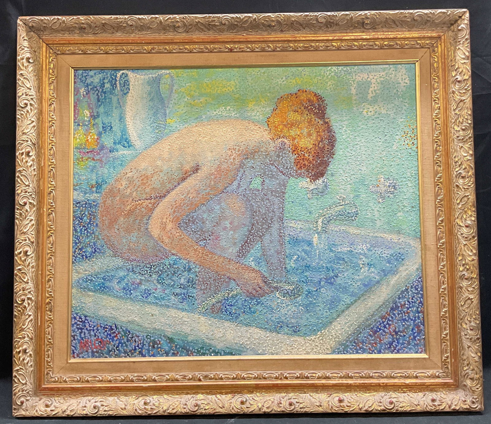 Signed Milos Bather Pointillism Oil Painting 30in: Framed oil on canvas painting. Signed lower left, Milos. In The Bath. Interior scene with nude female bather in bathtub. Pointillist style. Signed and labeled on verso. Ornate gilt wood molded gesso f