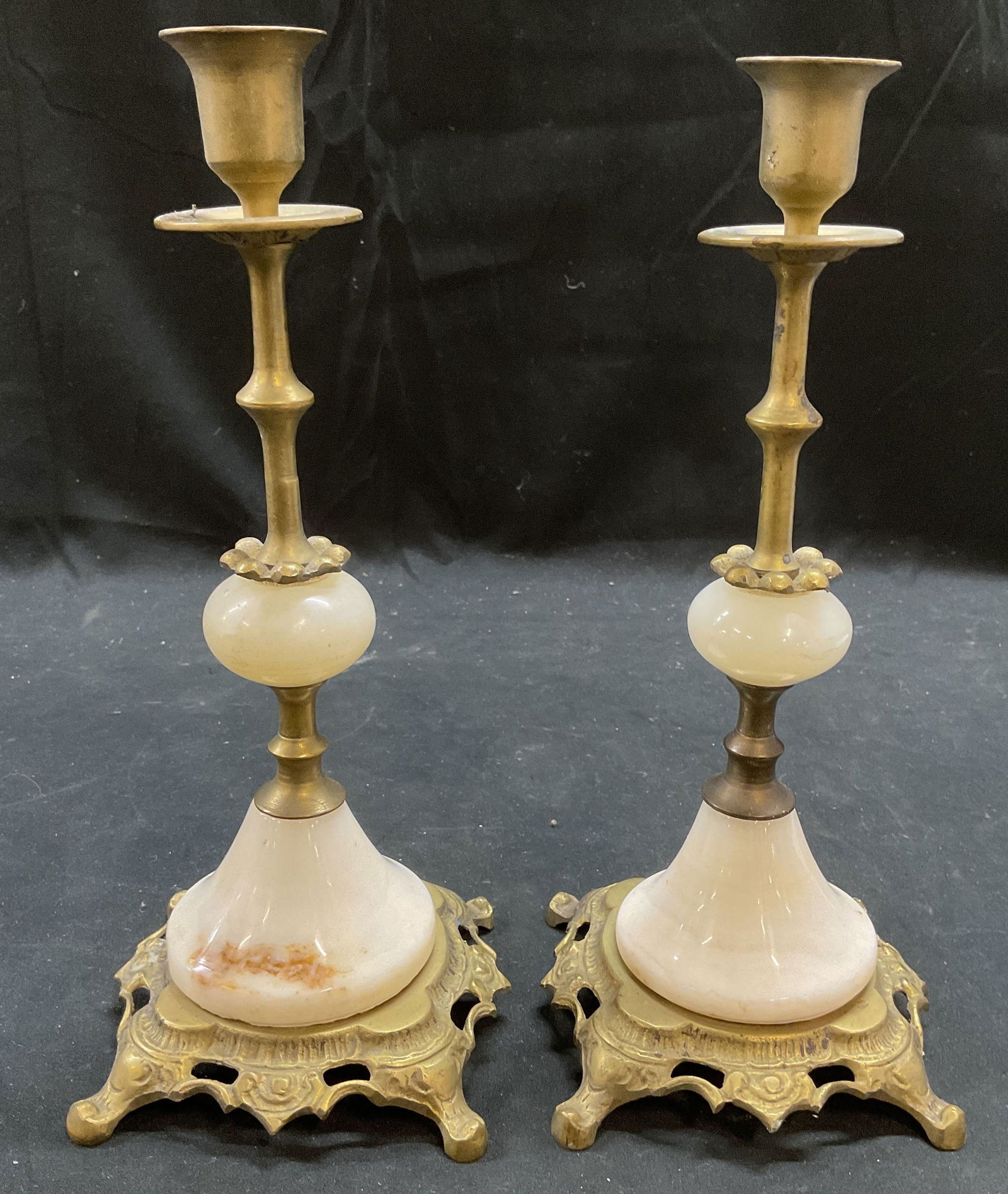 Pair Antique Brass & Marble Candlesticks (1 of 6)