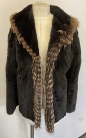 Vintage Black Mink Fur Coat w Brown Trim