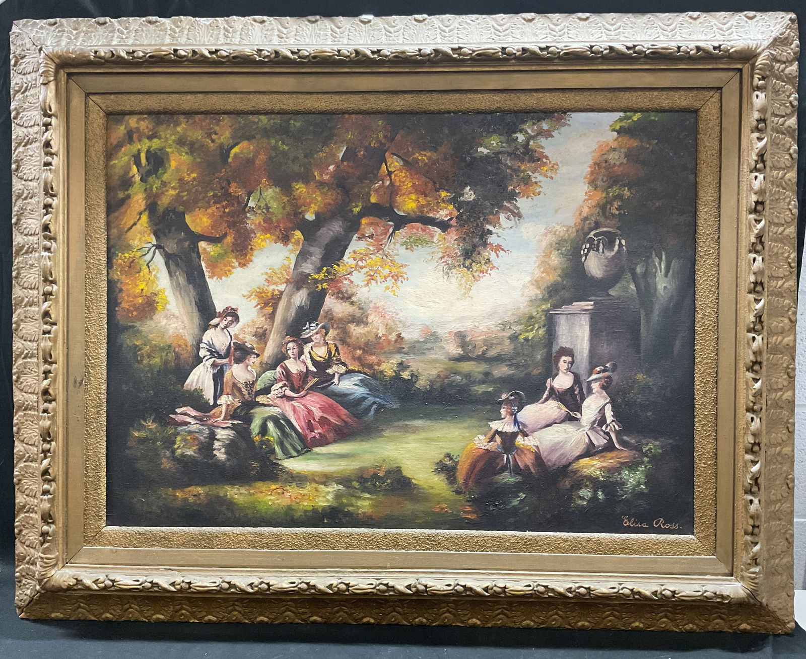 Signed Elisa Ross Figure Scene Oil Painting 51in W (1 of 6)