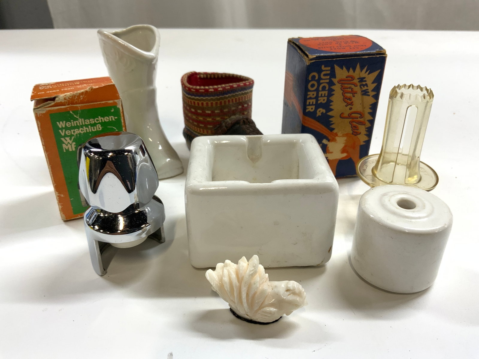 7 Vtg Tabletop Accessories, Vitex, Hambro Japan+: Lot includes 1 corer (includes Vitex glas box), 1 woven shoe figure, 1 porcelain boot (tag on underside reads HAMBRO JAPAN, 1 stamp moistener base with roller, needs piece to rest roller on grooves of
