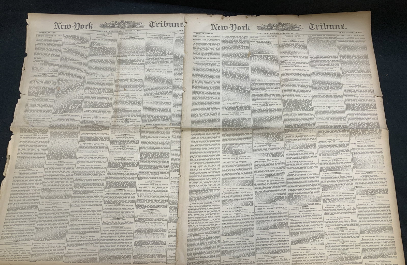Lot 2 Antq 1883 N.Y. Tribune Newspaper Vol.XLIIL: Lot 2 Antq 1883 N.Y. Tribune Newspaper Vol.XLIILLot includes, 2 antique 1883 New-York Tribune newspapers. Newspaper published on Monday, October 15, 1883 & Wednesday, October 10,1883. Newspapers are V