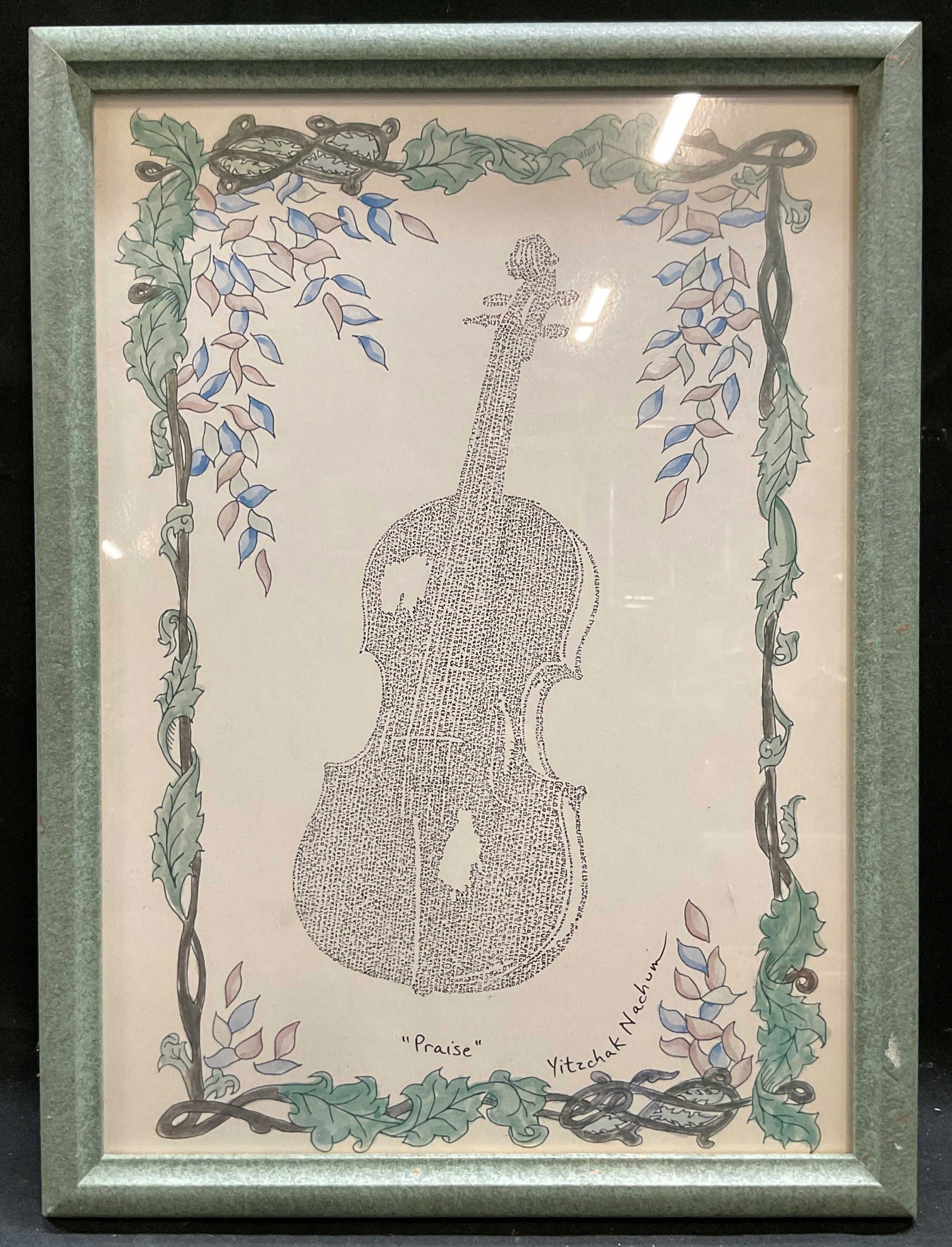 Framed Nachum Praise Word Art Judaica Litho: Framed lithograph on paper. Signature in print, Yitzchak Nachum. Praise. Typography word art with violin and botanical border. Judaica. Green wood frame. Not examined out of frame. Frame measures appr