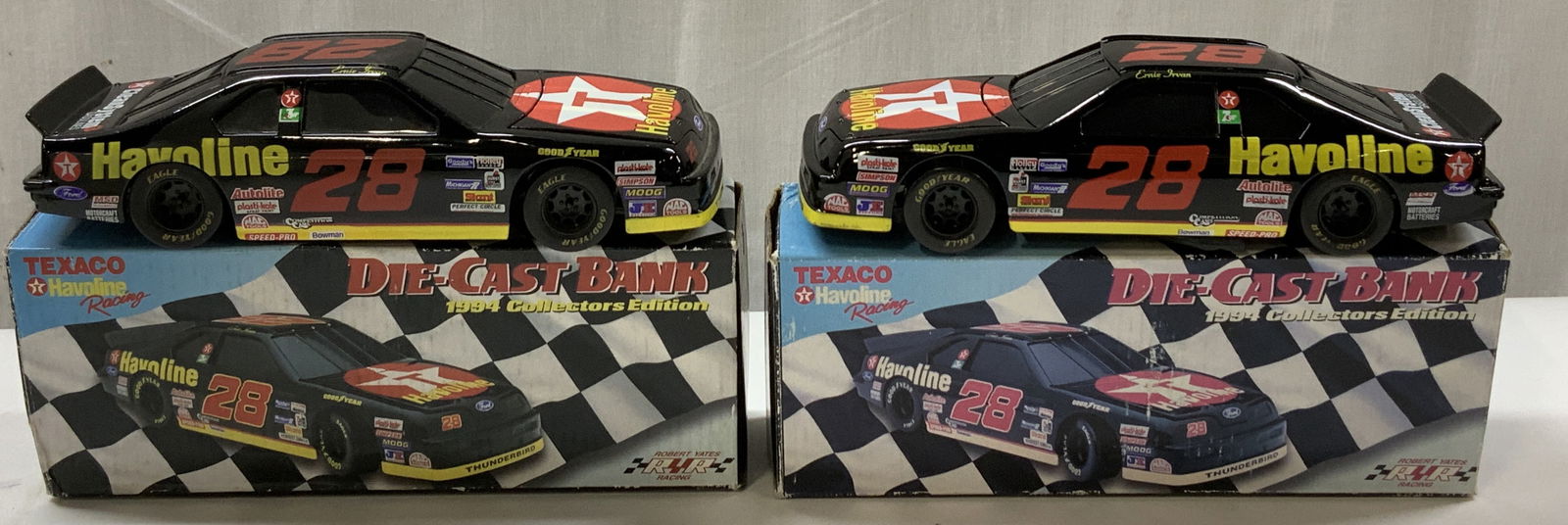 Lot2 Texaco Havoline Racing #28 1994 Die-Cast Bank: Lot includes, 2 1994 Texaco Havoline Racing #28 Ford Thunderbird die-cast bank, driven by Ernie Irvan. It is a 1:24 scale model and was manufactured by Racing Collectibles. Comes with original box. Co
