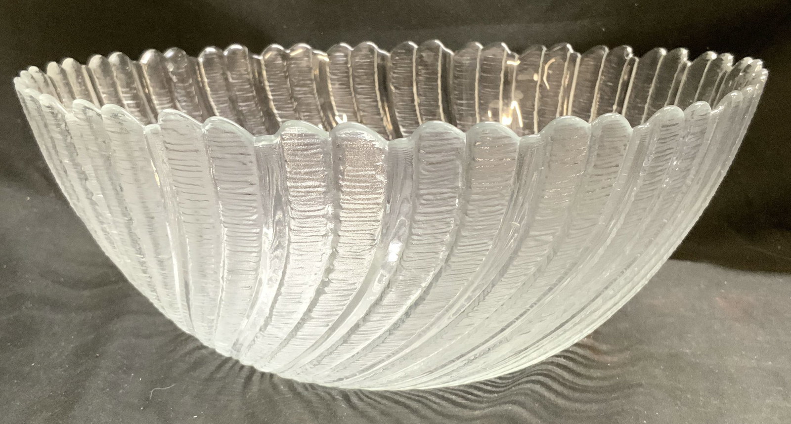Arcoroc Seabreeze Swirl Art Glass Serving Bowl: Serving Bowl appears to be ARCOROC FRANCE (no apparent markings). Bowl is glass. Piece has sea breeze swirl pattern. Bowl is frosted. Rim has rounded teeth. Bowl measures approximately 10 inches diame