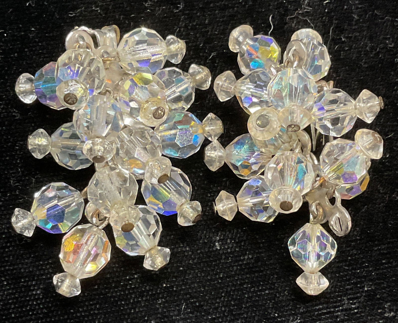 Vintage Colorless Crystal Beaded Earrings: Vintage colorless crystal beaded earrings. Measure approx 2 inches. Some wear including scratching observed. Jewelry, estate jewelry, costume jewelry, fashion jewelry, cocktail jewelry, accessories, f