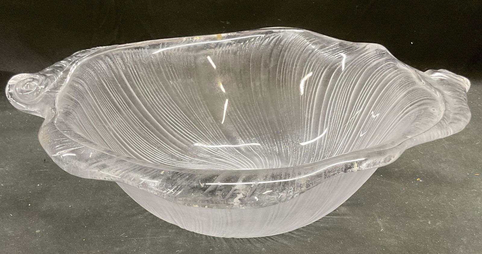 Textured Frosted Swirl Glass Bowl: Textured frosted glass bowl with ribbed swirl design. Measures approx 13 x 3.5 inches. Some scratching. Glass bowl, swirl bowl, frosted glass bowl, tableware, table accessories, homewares, home access
