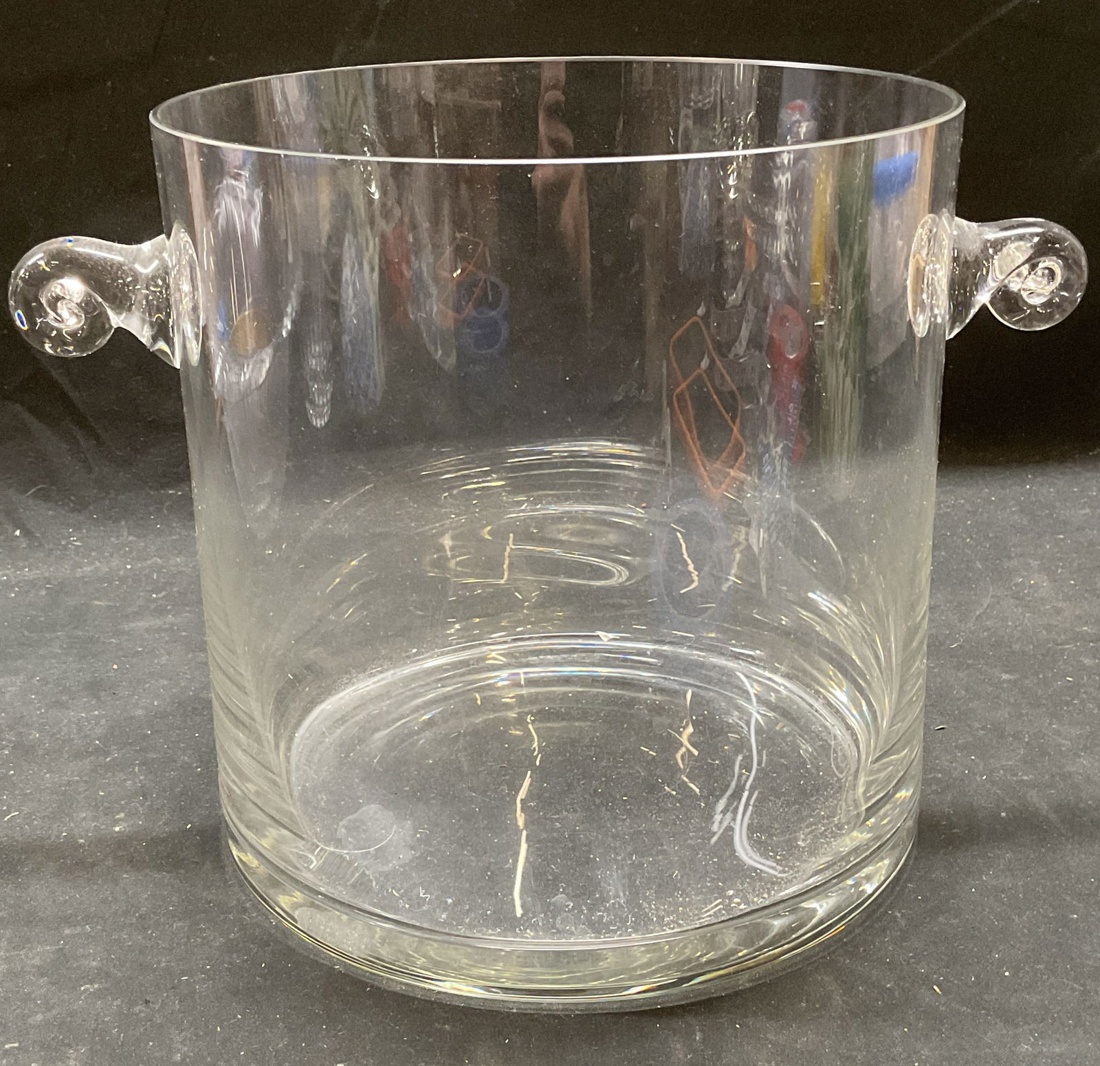 Art Glass Swirl Handle Ice Bucket: Art glass ice bucket with applied swirl motif handles. Measures approx 7.5 x 7.5 inches. Some scratching. Ice bucket, art glass ice bucket, Barware, bar accessories, homewares, home accessories, table