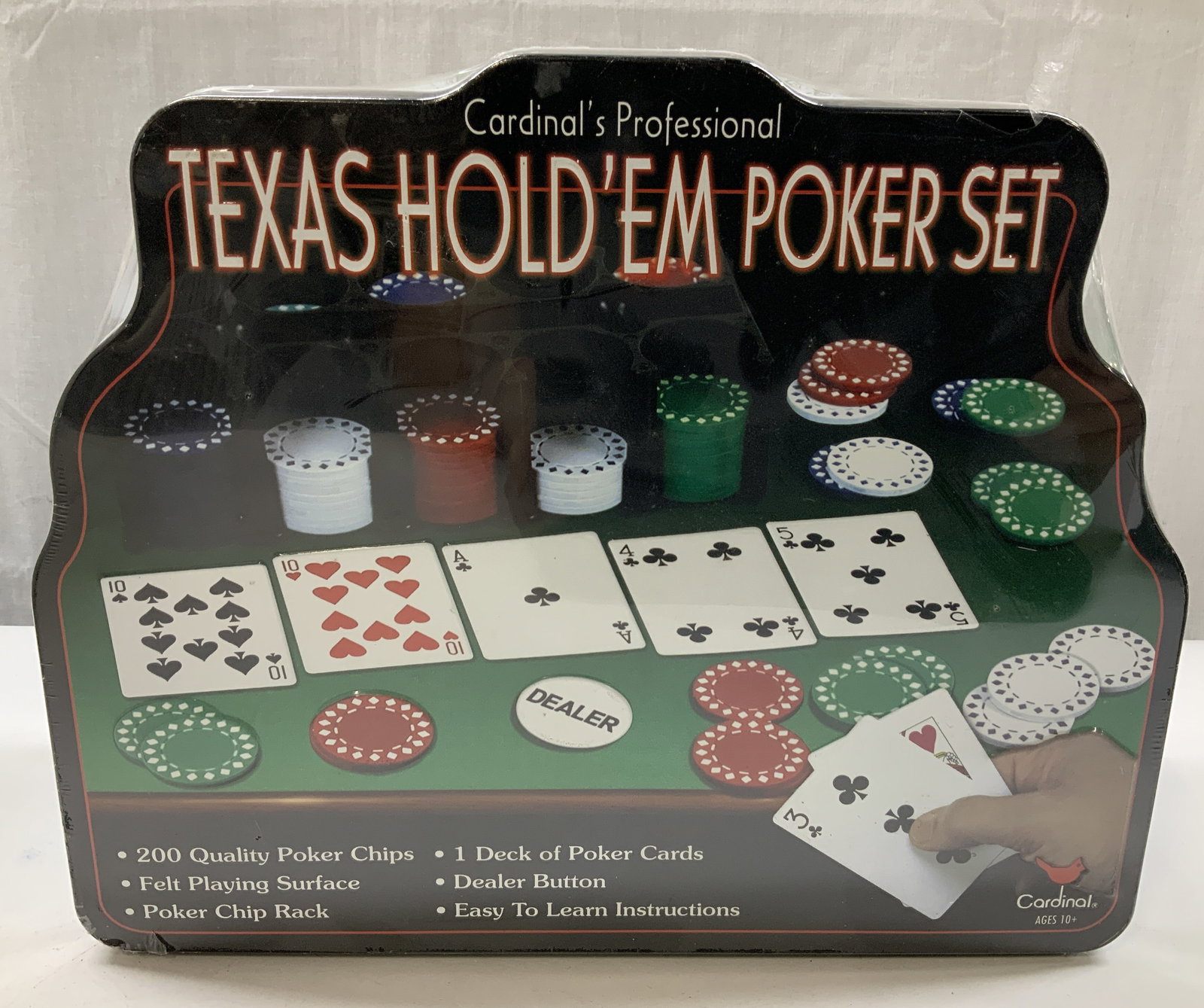 Cardinals Professional Texas Holdem Poker Set NIP: Set is produced by Cardinal, a brand of Spin Master Games. Packaging reads, includes 200 quality poker chips, one deck of poker cards, a dealer button, a felt playing surface, and a poker chip rack. N
