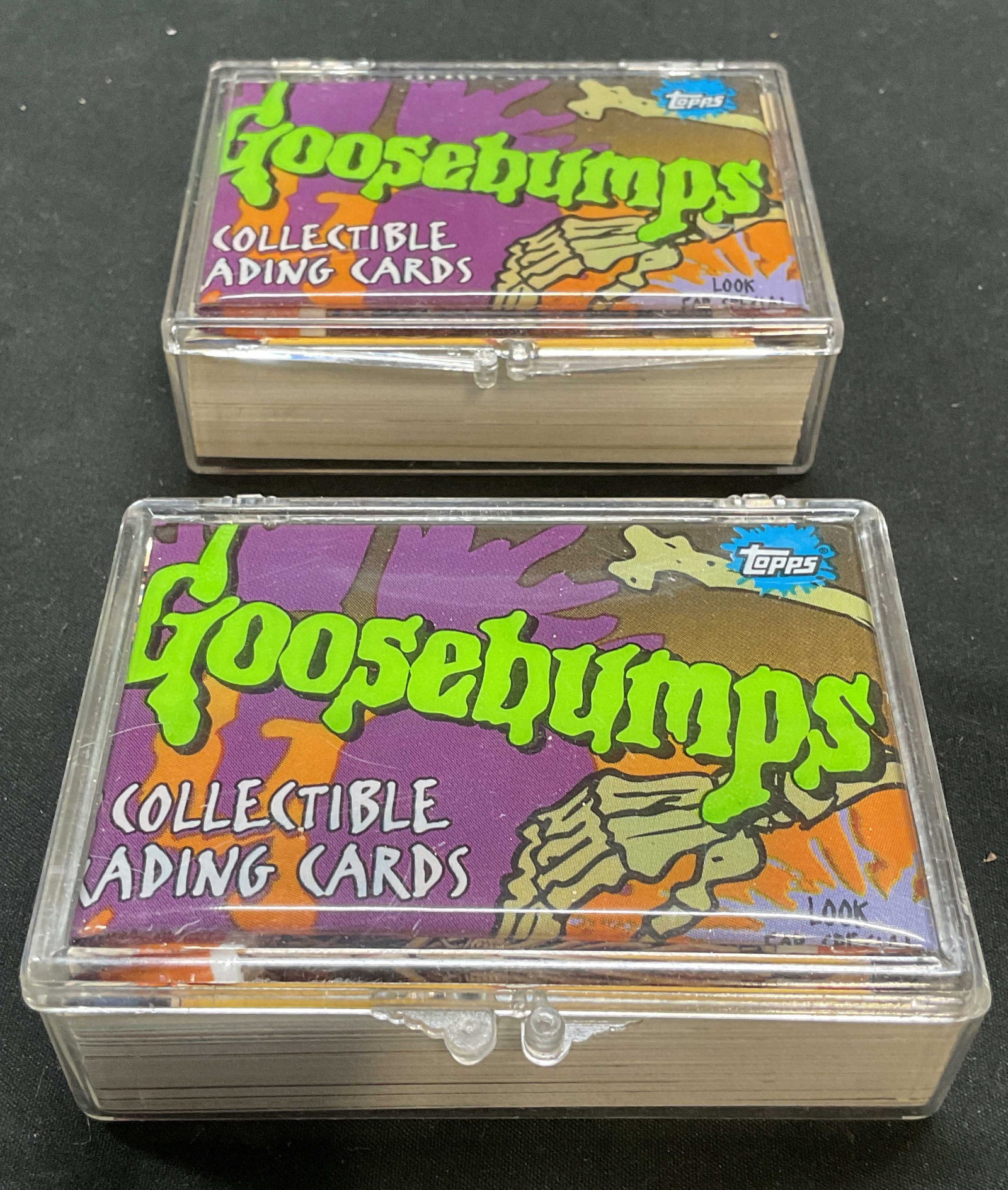 Group Lot 50+ Vtg Goosebumps Trading Cards: Group lot of 50+ pieces vintage Goosebumps trading cards. Cards measure approx 3.5 x 2.5 inches. Not examined individually, all pieces may have wear consistent with exposure. Trading cards, vintage tr