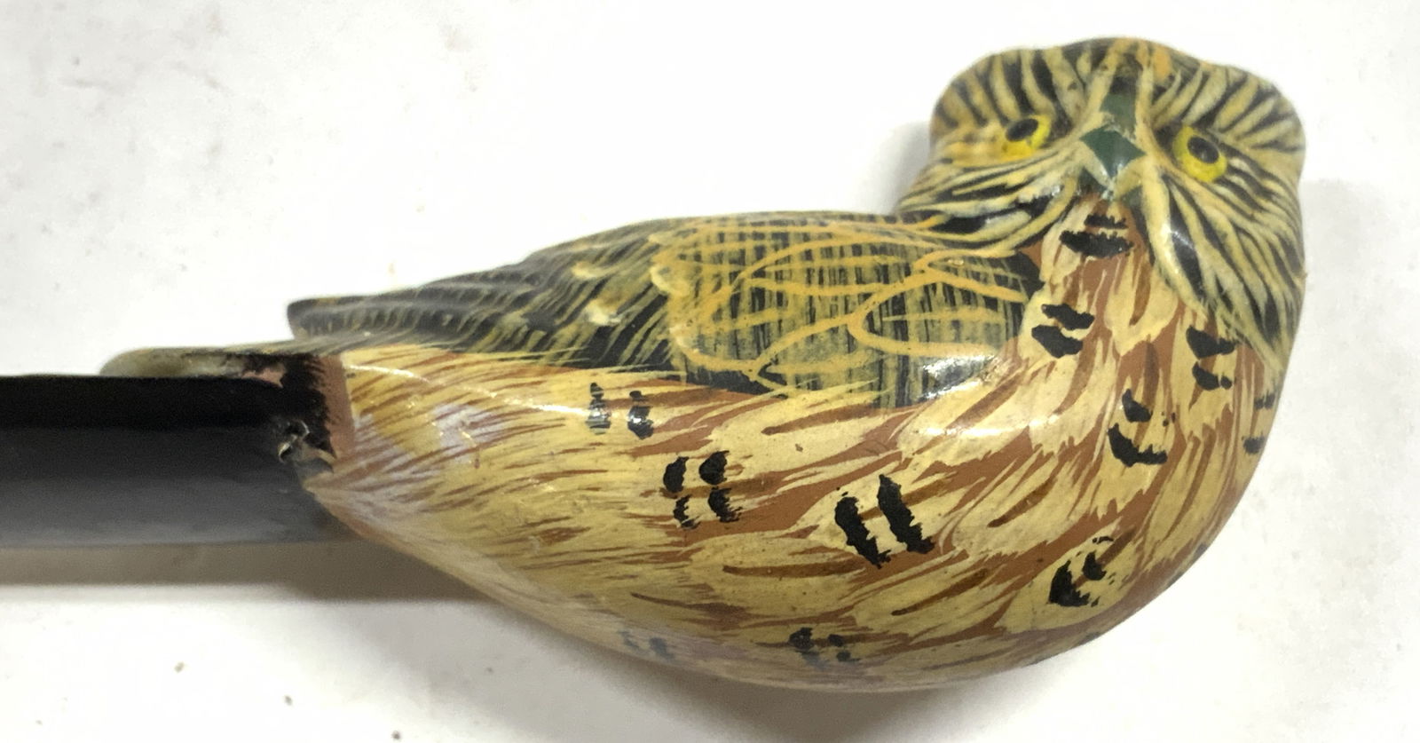 Vintage Lacquered Wood Owl Letter Opener: Letter opener is vintage. Piece has owl form handle & black toned blade. Letter opener is a lightweight lacquered wood material. Piece measures approximately 7.5 inches long 1.25 inches wide. Letter o