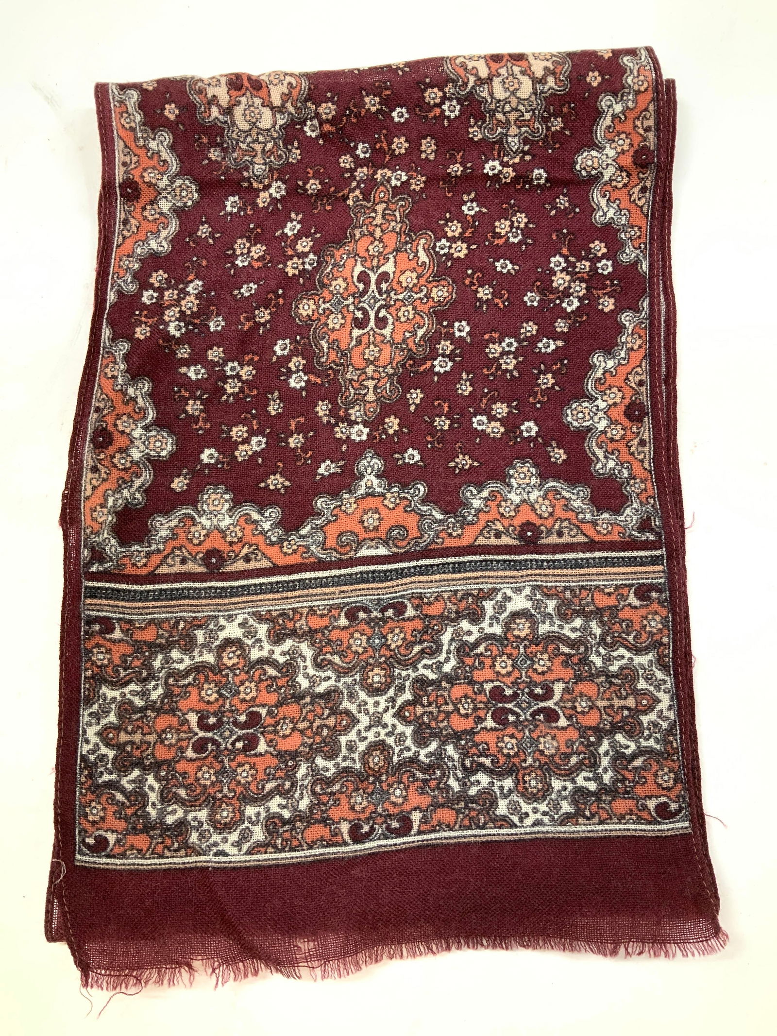 Vntg Jean Parel Burgundy Floral Fringed Wool Scarf (1 of 8)