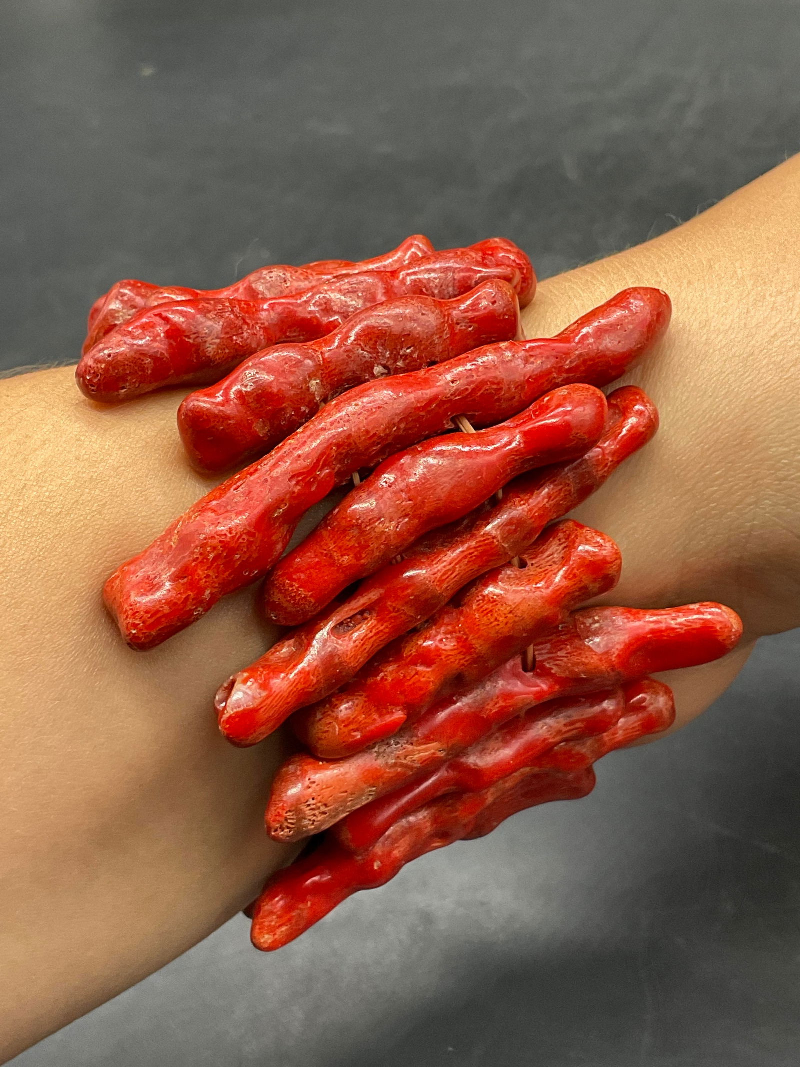 Vintage Red Dyed Bamboo Branch Coral Bracelet: Vintage Red Dyed Bamboo Coral Branch Stretch Bracelet. Crafted with branches of various shapes and sizes. Measures approx. 2.25 inches in diameter. Appears to be dyed red bamboo branch coral, possibly