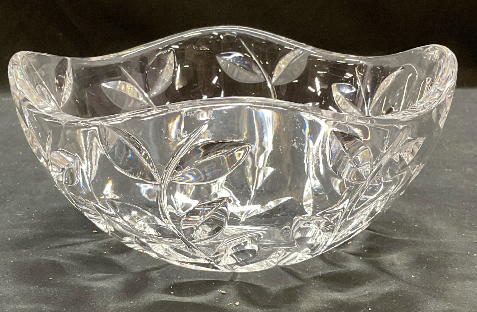 Tiffany & Co Cut Crystal Floral Vine Bowl: Tiffany & Co cut crystal bowl. Scalloped edge. Floral Vine pattern. Signed. Measures approx 7.5 x 4 inches. Some scratching. Tiffany and co, Tiffany and co bowl, crystal bowl, floral vine bowl, collec