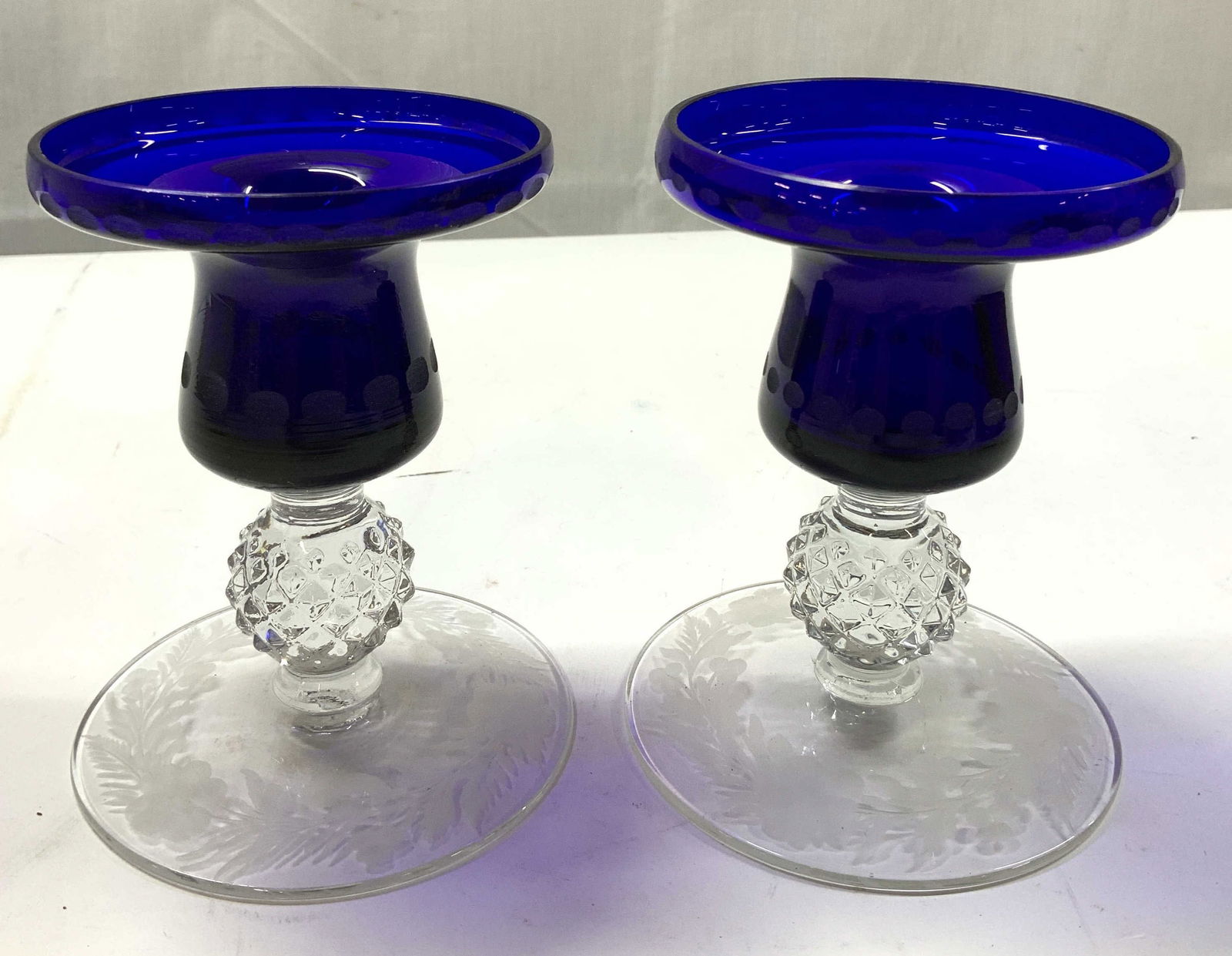 Vntg Pair Cobalt Blue Etched Floral Candle Holders (1 of 6)