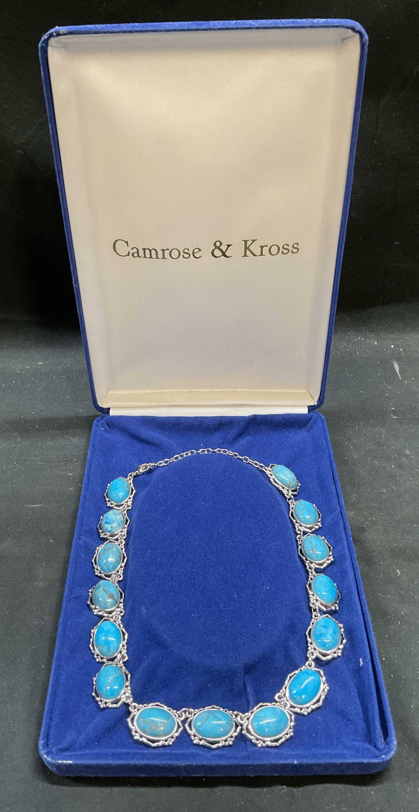 Camrose & Kross Silver Tn Faux Turquoise Necklace: Camrose & Kross Jackie Kennedy JBK silver tone necklace with faux turquoise cabochons. Signed JBK. Drop length approx 9 inches. Includes presentation box. Some scratching. Jewelry, estate jewelry, cos
