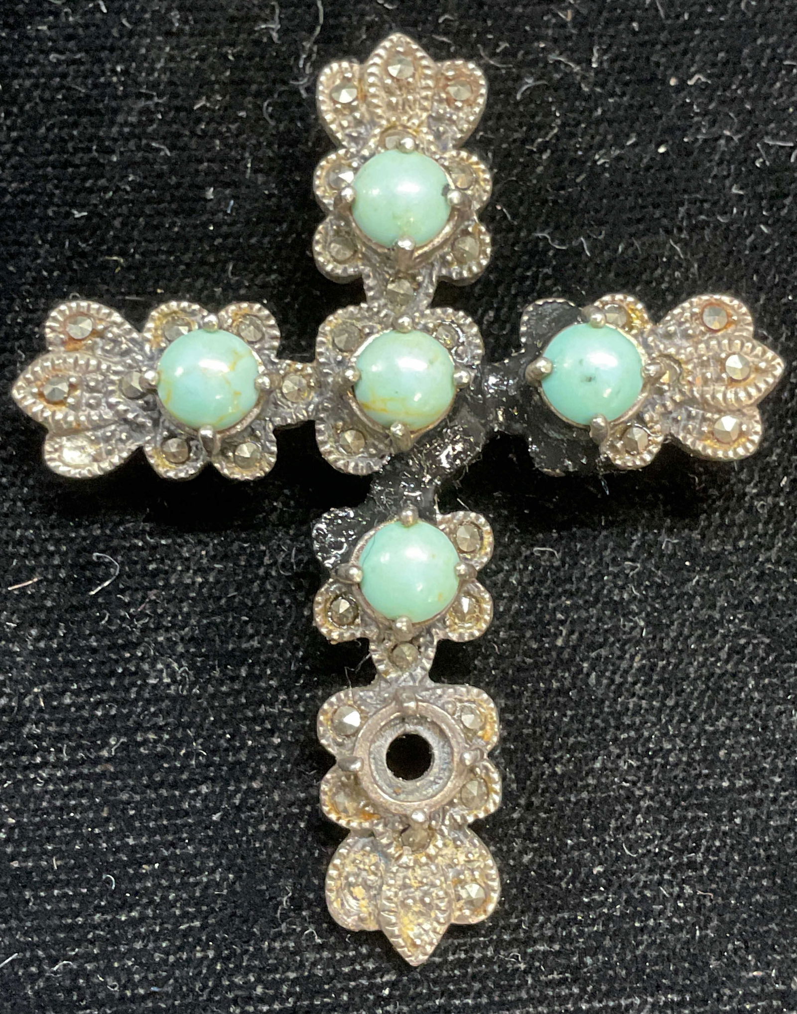 NF Sterling Silver Turquoise Cross Pendant: NF sterling silver and turquoise cabochon and marcasite cross pendant. Signed and marked sterling. Measures approx 2 x 1.5 inches. Total weight 12.5 grams. Some scratching. Some turquoise and marcasit