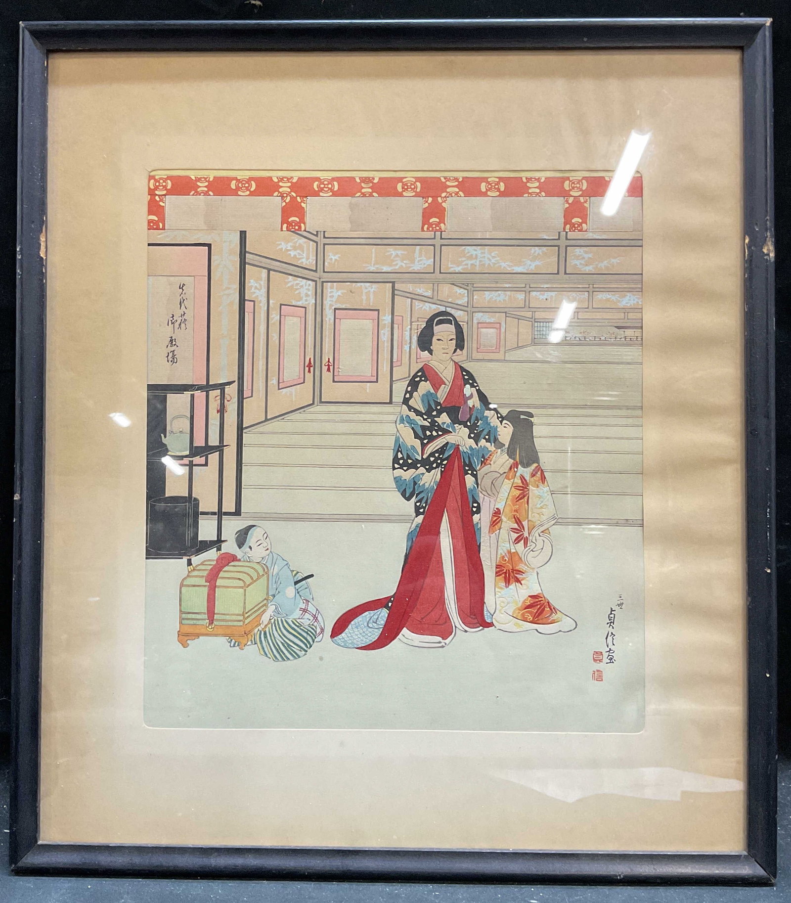 Signed Japanese Kabuki Scene Woodblock Print 16in: Framed and matted Japanese woodblock print on paper. Kabuki scene with performers. Vibrant palette of red, orange, blue, and green. Stamped and signed. Black wood frame, not examined out of frame. Fra