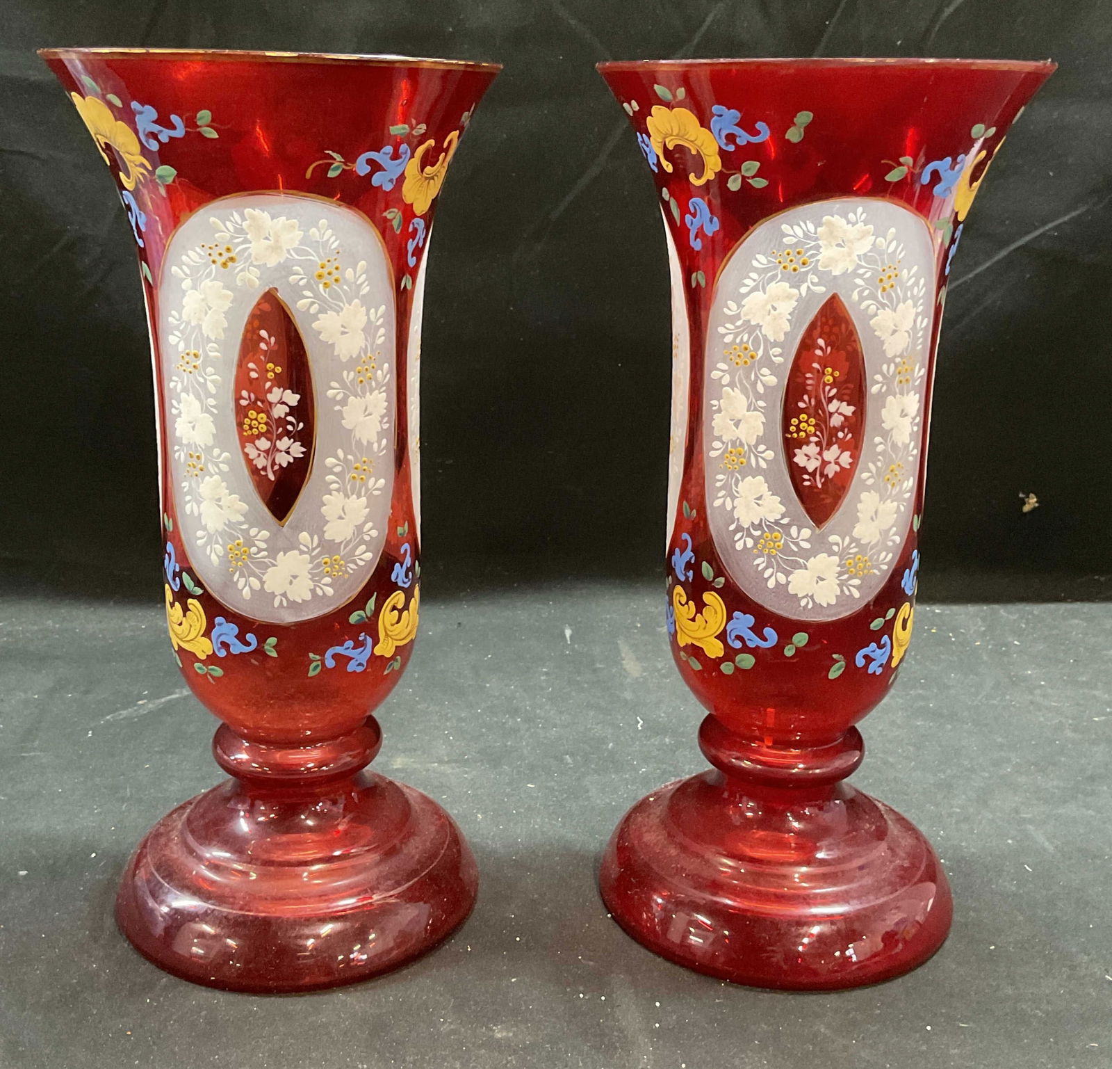 Pair Cranberry Glass Hand Painted Vases (1 of 7)