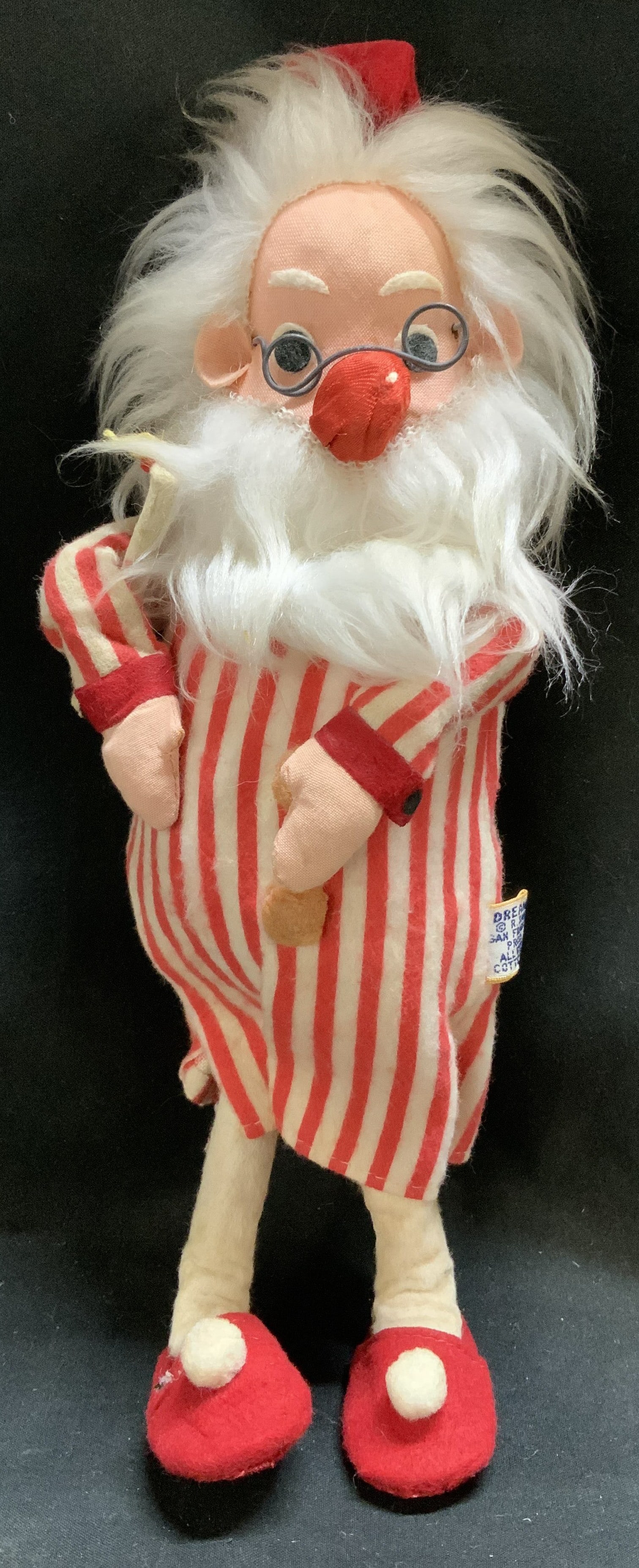 C.1950s R.Dakin&Co. Bedtime Santa Claus Doll JAPAN: Vintage 1950s Bedtime Santa Claus doll, part of the Dream Dolls collection by R. Dakin & Co. Santa Claus is wearing a striped nightshirt, red slippers, nightcap, and holding a candle. Signed & marked.