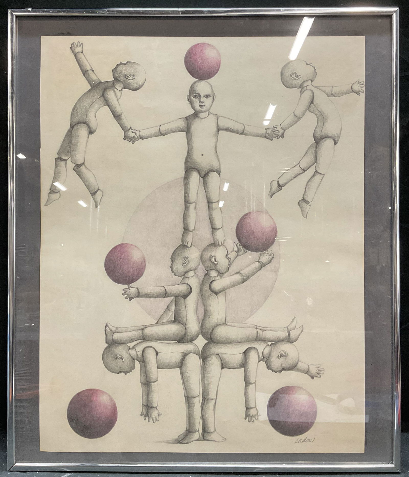 Framed Signed Sadow Juggler Dolls Drawing 1991 2ft (1 of 6)