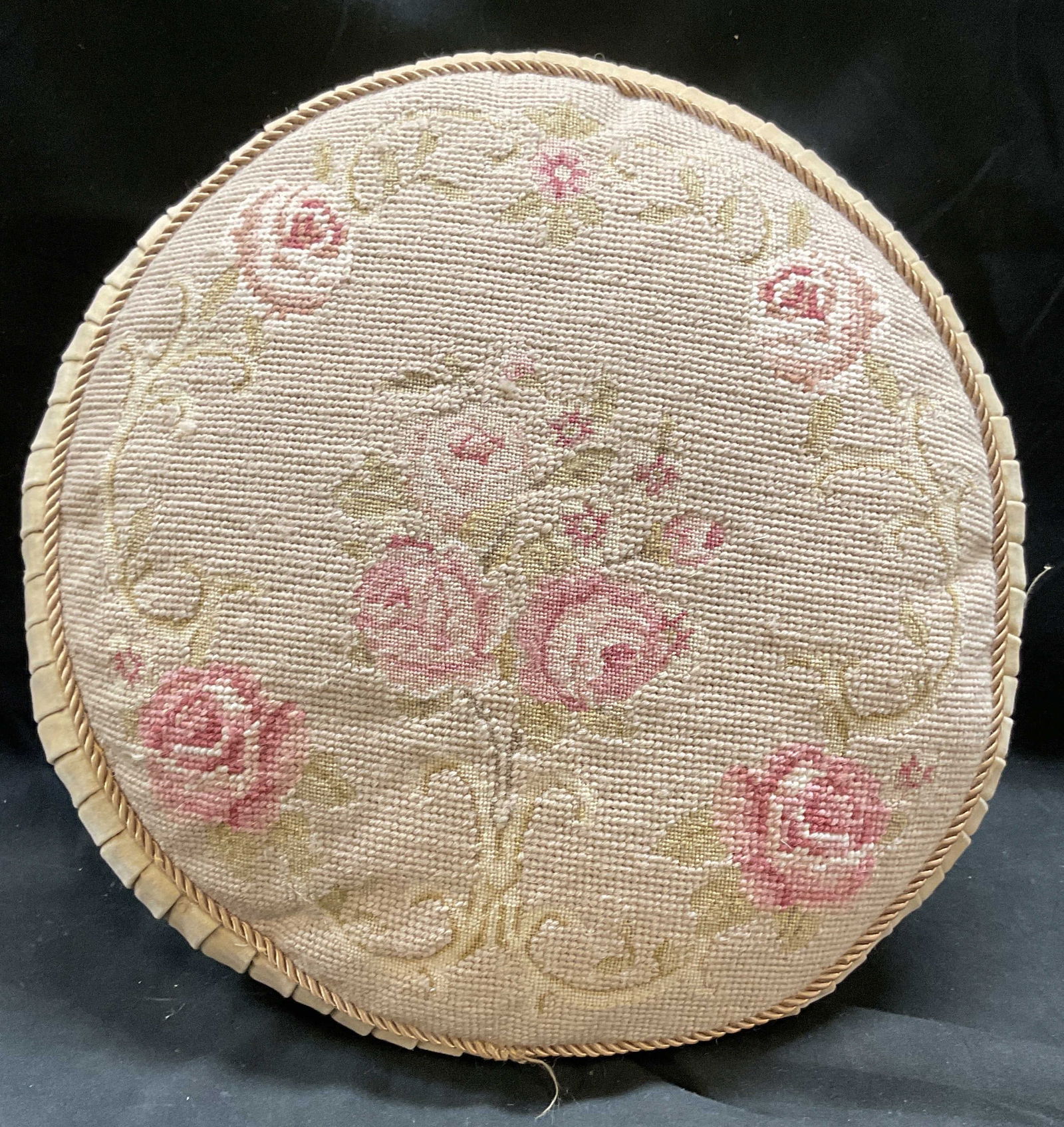 Round Needlepoint Floral Velour Pillow (1 of 6)