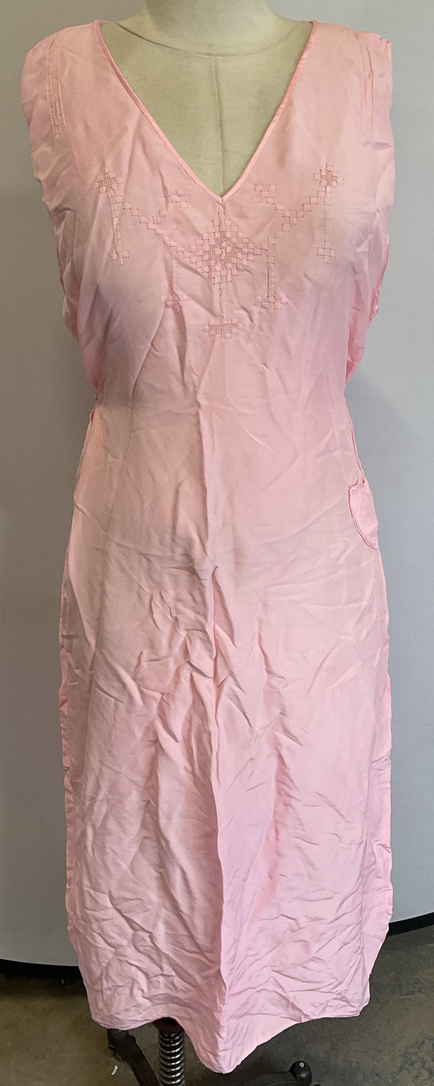 1930s Pink Embroidered Slip Nightgown: Vintage c. 1930s pink embroidered detail slip dress nightgown. Belted waist. Measures approx 19 inches across chest. Feels like cotton, possibly synthetic. Some wear consistent with exposure. Vintage