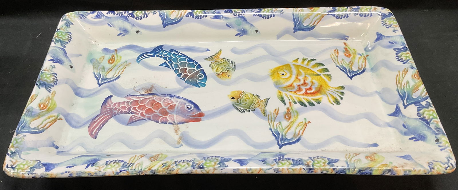 ARM Ceramica Pottery Fish Platter, Italy 21 In L: Signed ARM Ceramica pottery platter with fish design. Hand decorated. Made in Italy. Measures approx 21.5 x 12 inches. Some wear consistent with exposure. Arm ceramica platter, fish platter, ceramic p