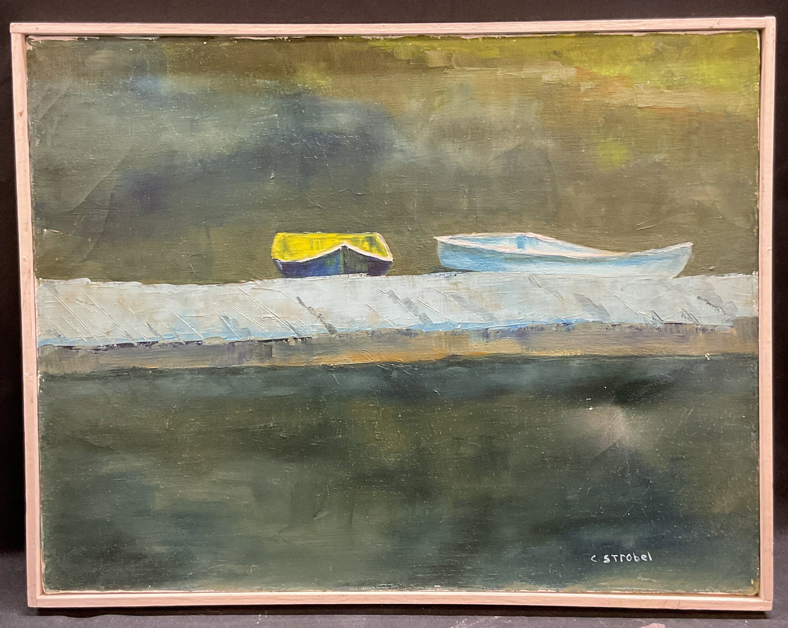 Signed C Strobel Boats Dock Oil Painting: Framed oil on canvas painting. Signed lower right, C. Strobel. Boats at a dock. White wood frame. Not examined out of frame. Frame measures approx 14.25 x 18.5 inches. Wear including craquelure and in