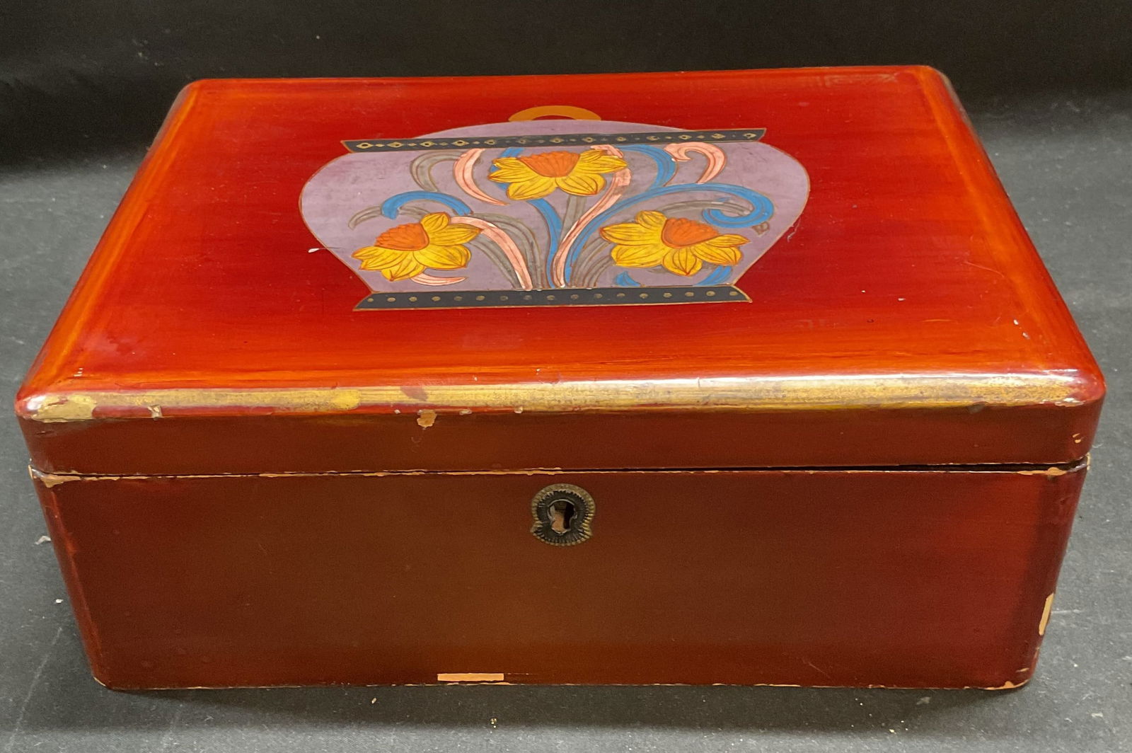 Vintage Hand Painted Lacquered Wood Box: Vintage lacquered wood box. Hand painted with gilt decoration. Floral motif with key pattern border. Measures approx 9.5 x 7 x 3.75 inches. Wear including chips, scratching, loss to paint. Lacquered w