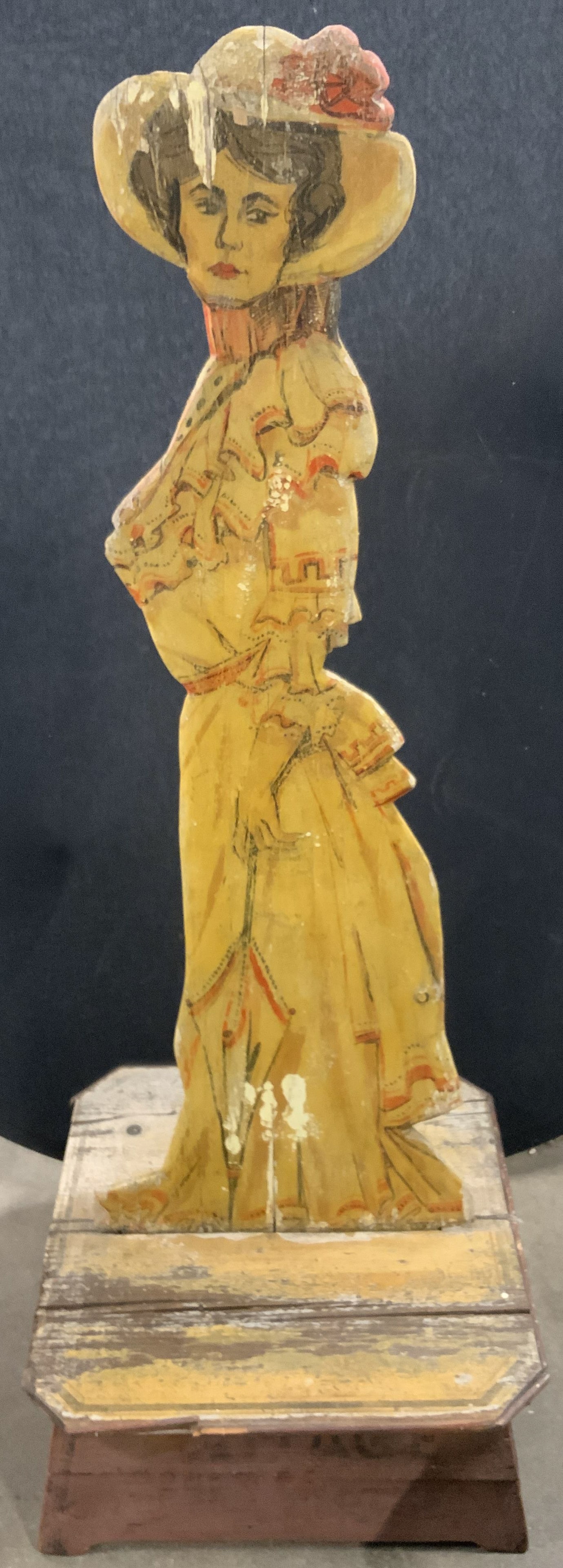 MARY FAUTEUX Antq Wood Folk Art Advert Fig 64in: Base reads MARY FAUTEUX LINENS & FOOTWEAR. Piece is vintage possibly antique. Depicts a female figure wearing a dress & hat. Folk art female figure. Piece appears to be handcrafted. Measures approxima