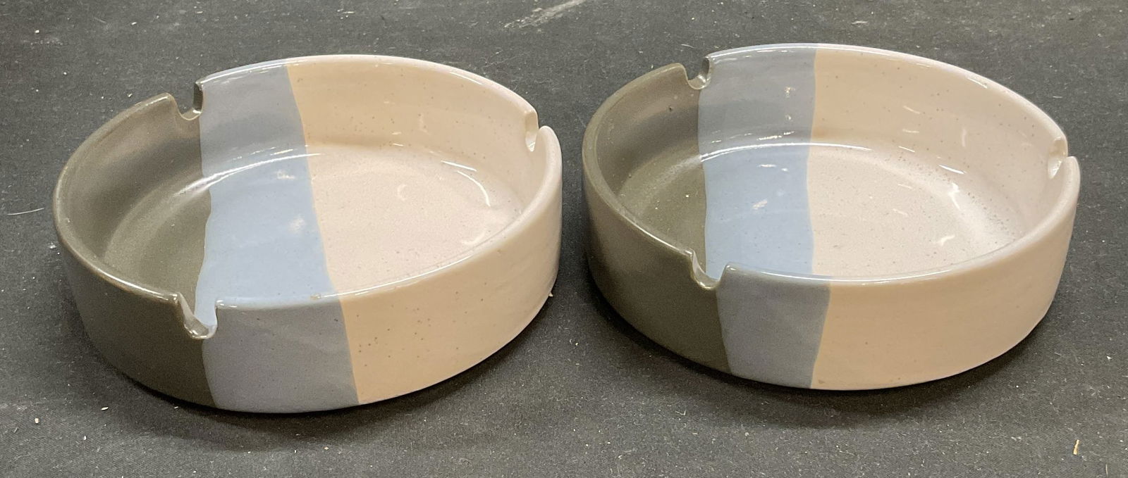 Pair Blue Grey White Banded Ceramic Ashtrays (1 of 6)